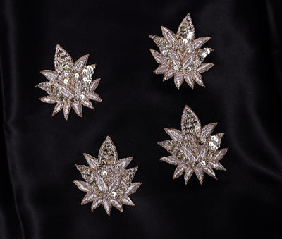 White Gold Floral Zardozi Embroidered Applique Patch (7x6 cm) 4 Pc