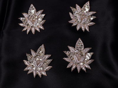 White Gold Floral Zardozi Embroidered Applique Patch (7x6 cm) 4 Pc