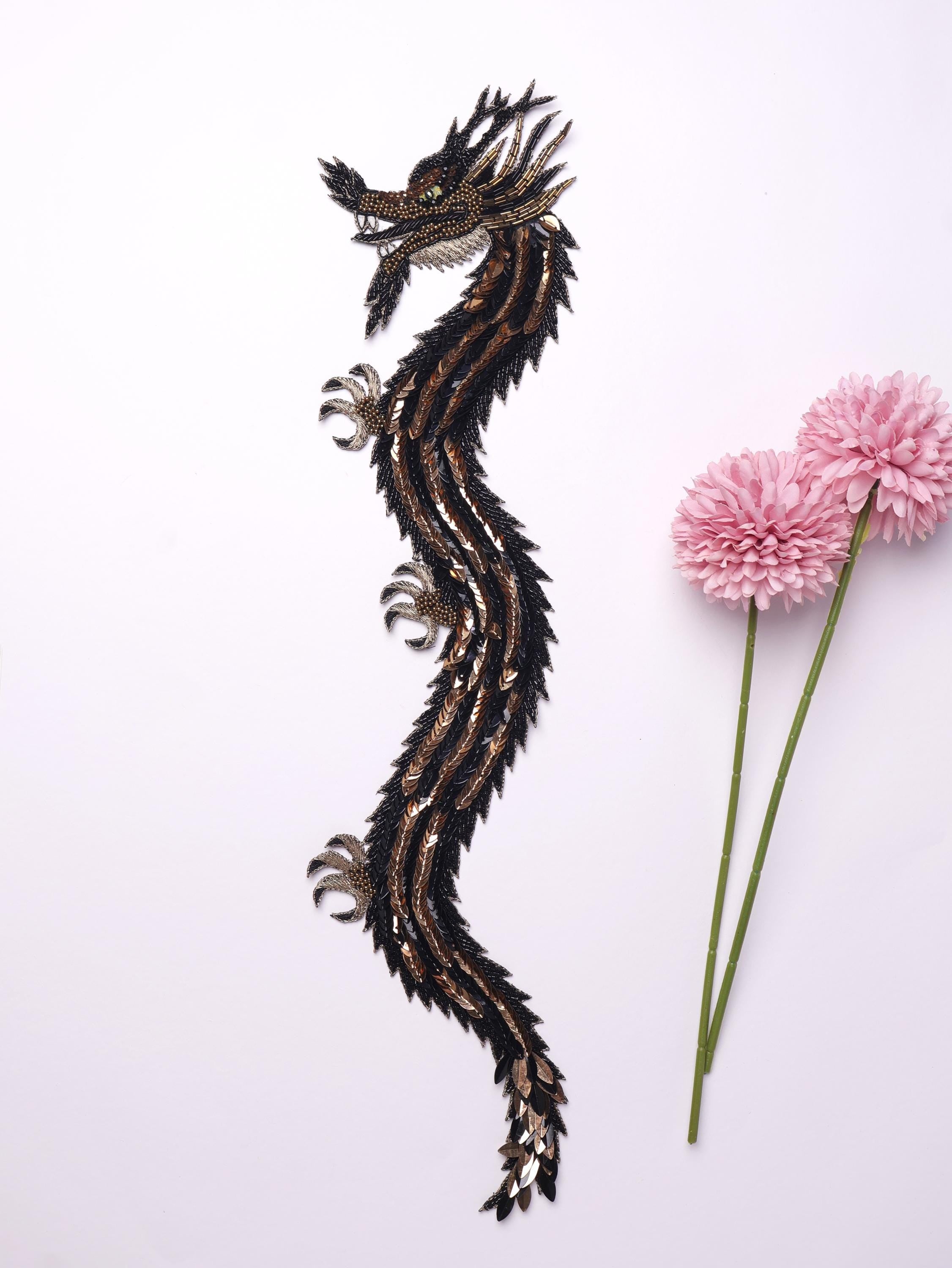 Silver/ Golden Dragon Patch: Embroidered Indian Applique 43cm Long