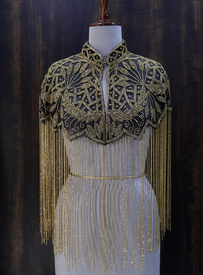 Black Golden Beaded Cape: Wedding & Evening Cover-Up Shrug