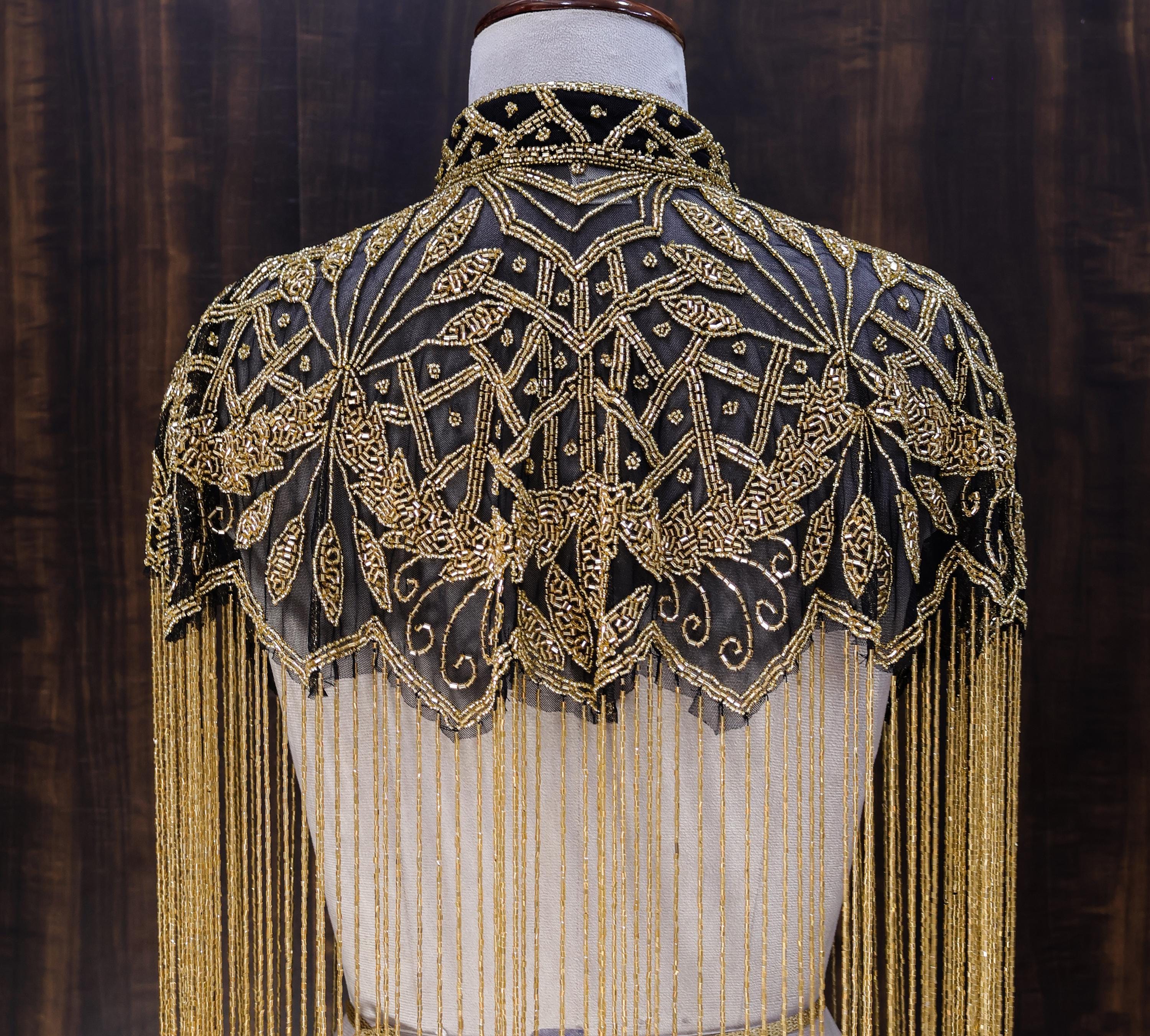 Black Golden Beaded Cape: Wedding & Evening Cover-Up Shrug