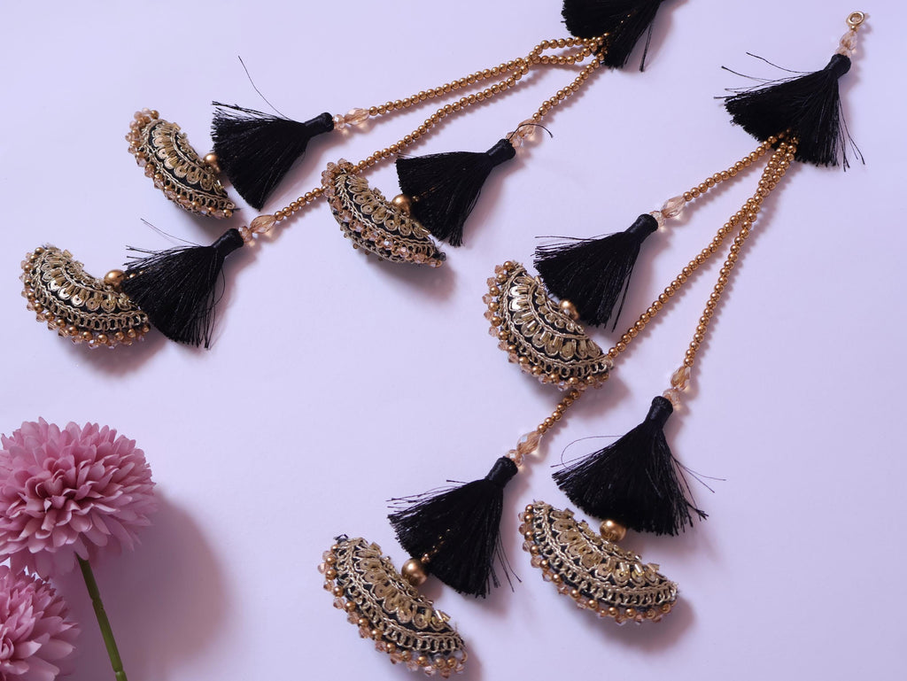 Black & Golden Tassel Latkans, Multi String Lehenga Tiebacks - 1 Pair