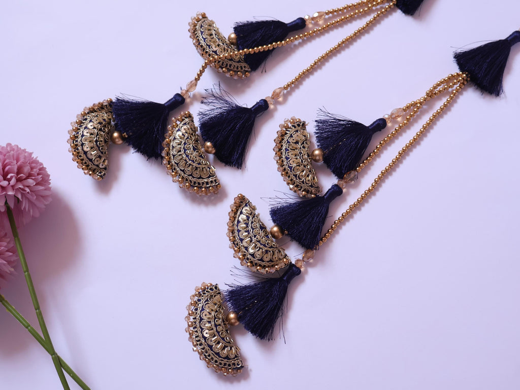 Navy Blue & Golden Tassel Latkans, Multi String Lehenga Tiebacks - 1 Pair