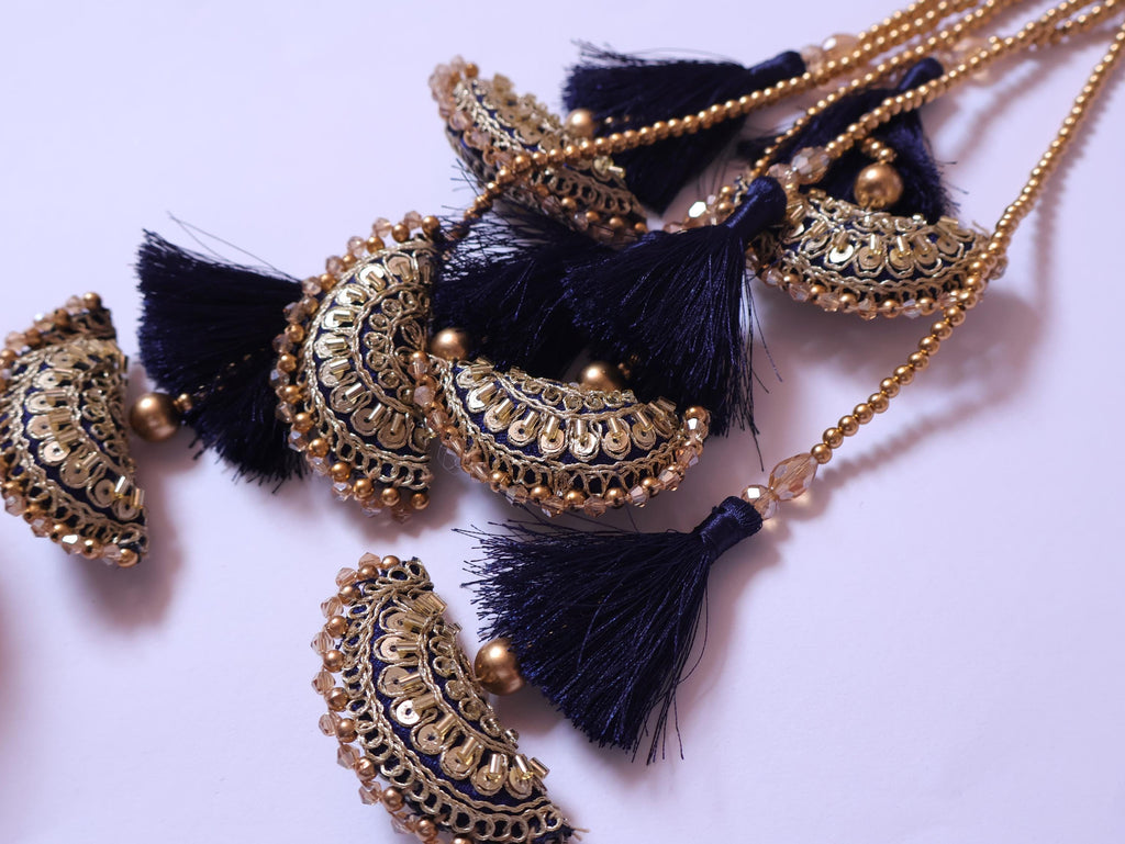 Navy Blue & Golden Tassel Latkans, Multi String Lehenga Tiebacks - 1 Pair