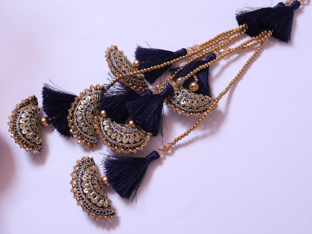 Navy Blue & Golden Tassel Latkans, Multi String Lehenga Tiebacks - 1 Pair