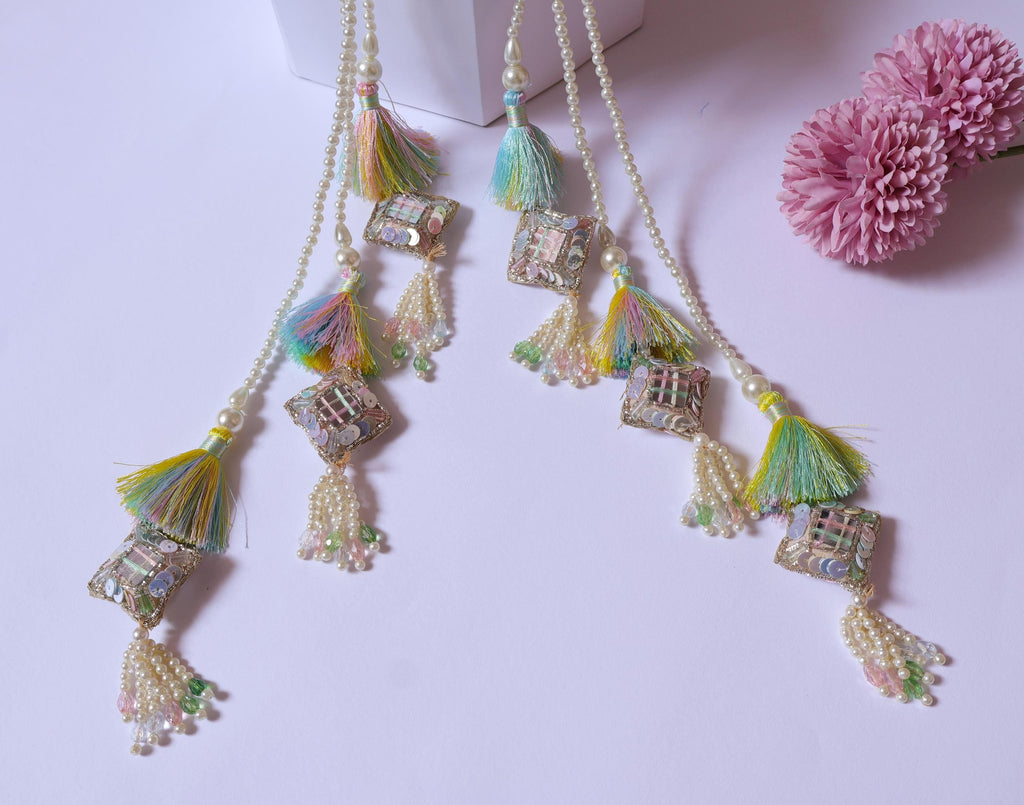 Pastel Rainbow Tassel Latkans, Lehenga Pearl Tiebacks - 1 Pair