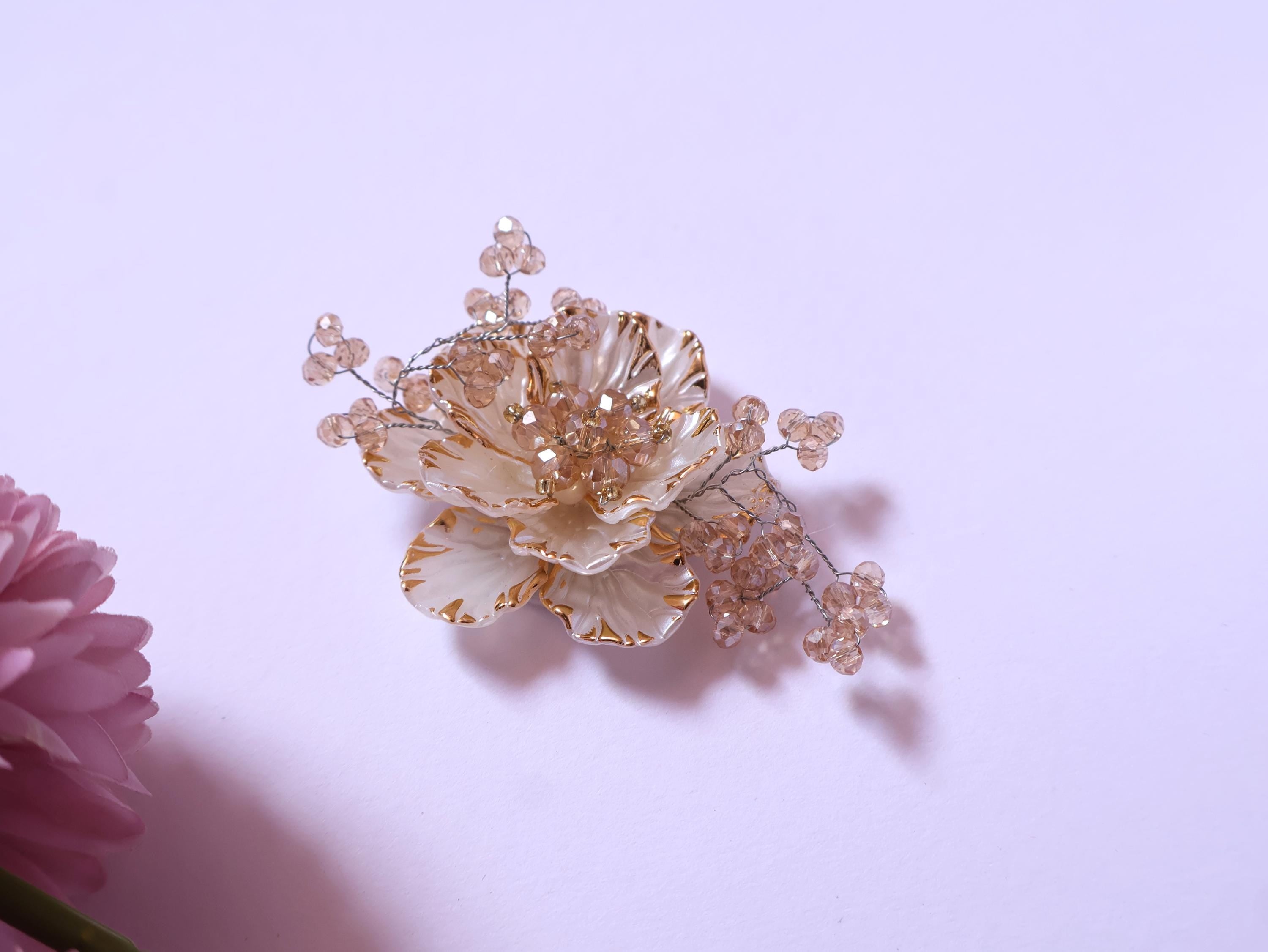 Golden Crystal & Pearl Floral Patch: Handmade Embellishment (Pair)