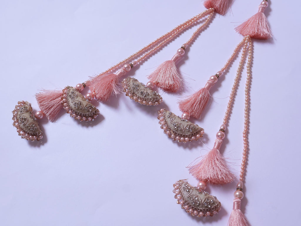 Peach Color Multi Fringe Pearls & Zircon Pillow Latkans Tiebacks - 1 Pair