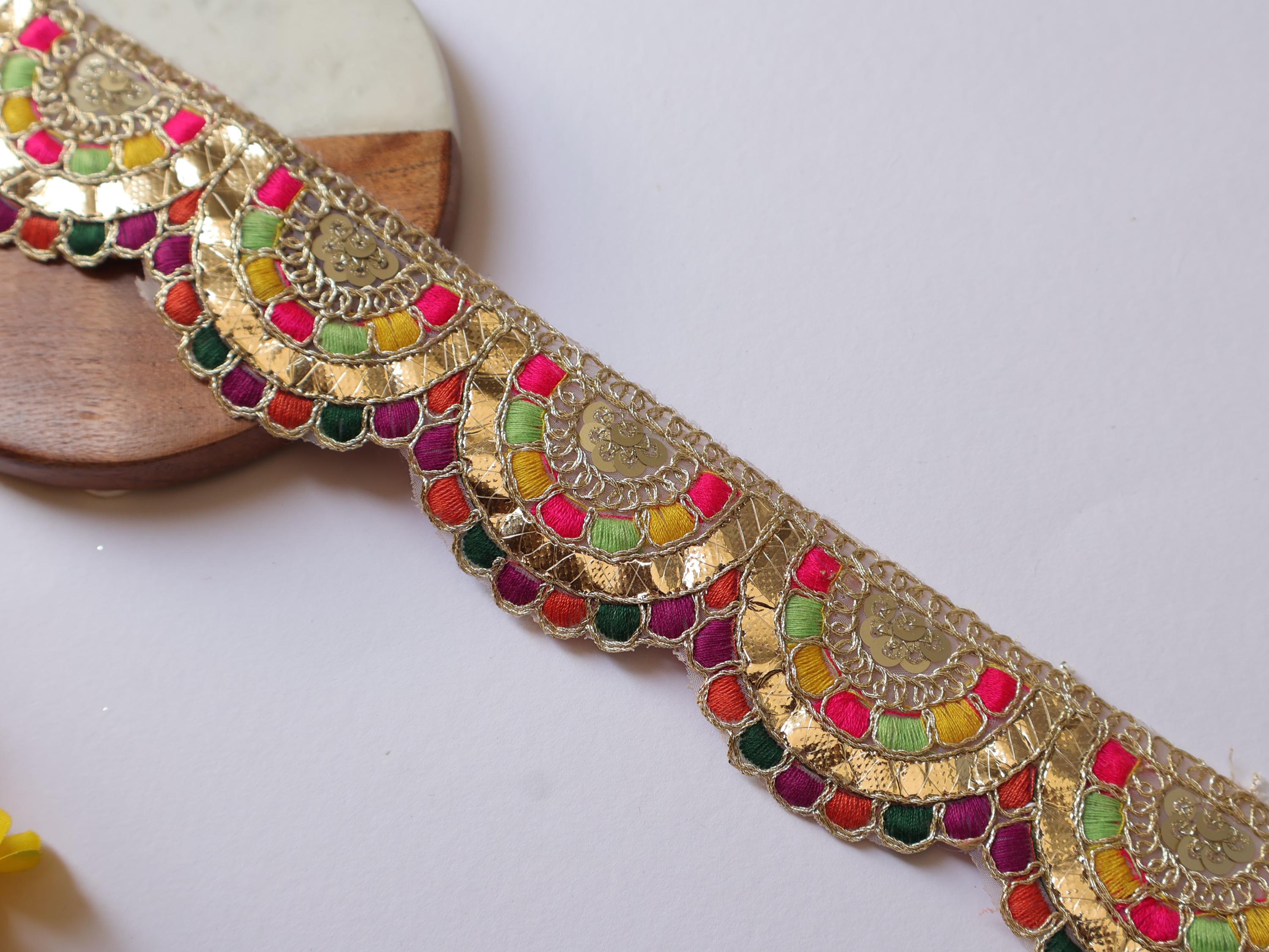 Multi Color Golden Gota Scalloped Lace: Indian Sari Border 9 Yards