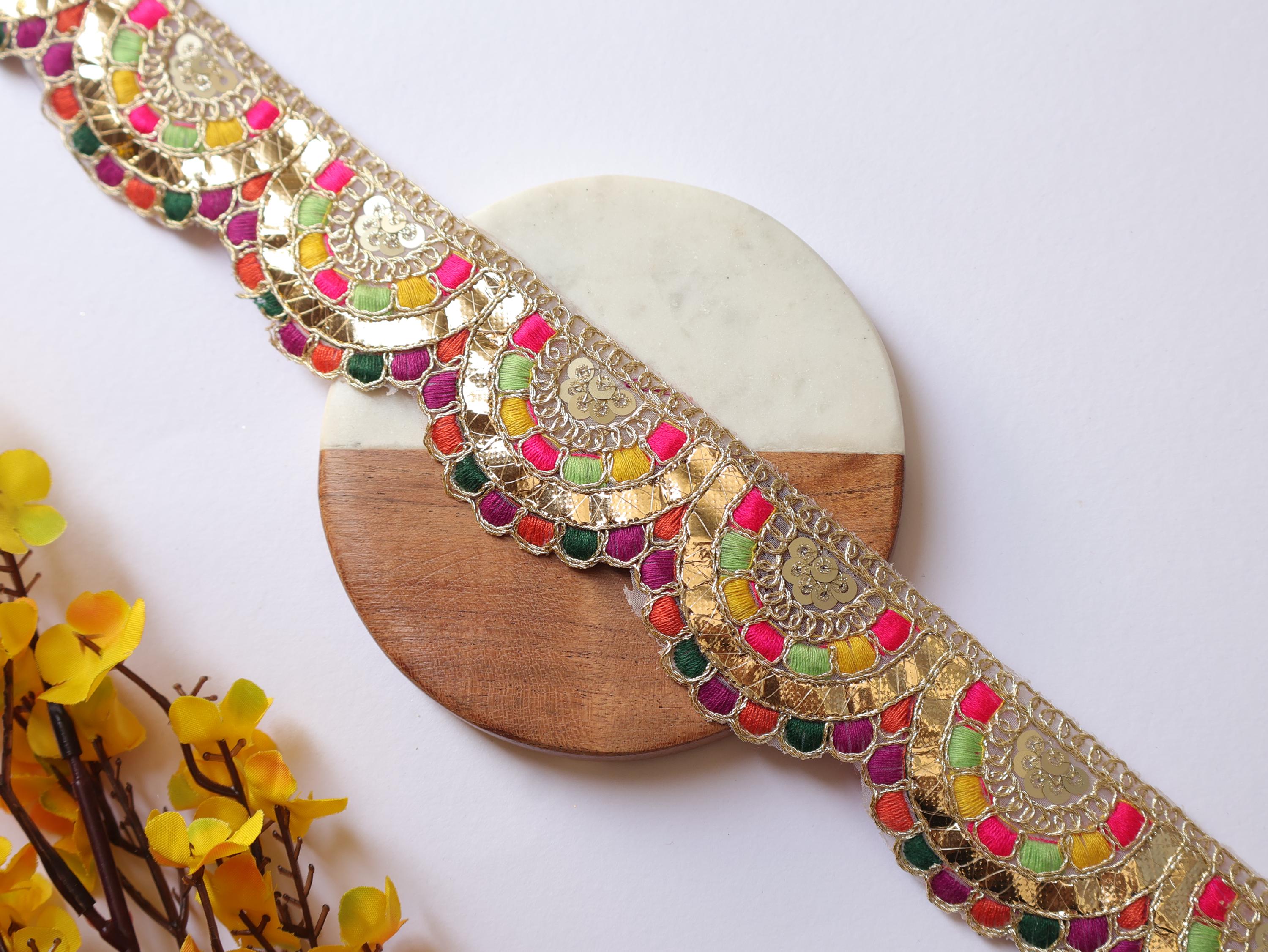 Multi Color Golden Gota Scalloped Lace: Indian Sari Border 9 Yards