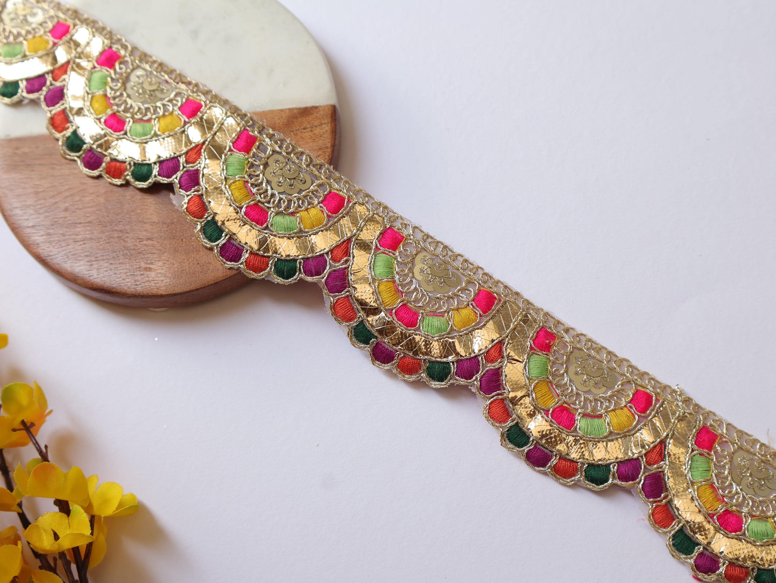 Multi Color Golden Gota Scalloped Lace: Indian Sari Border 9 Yards