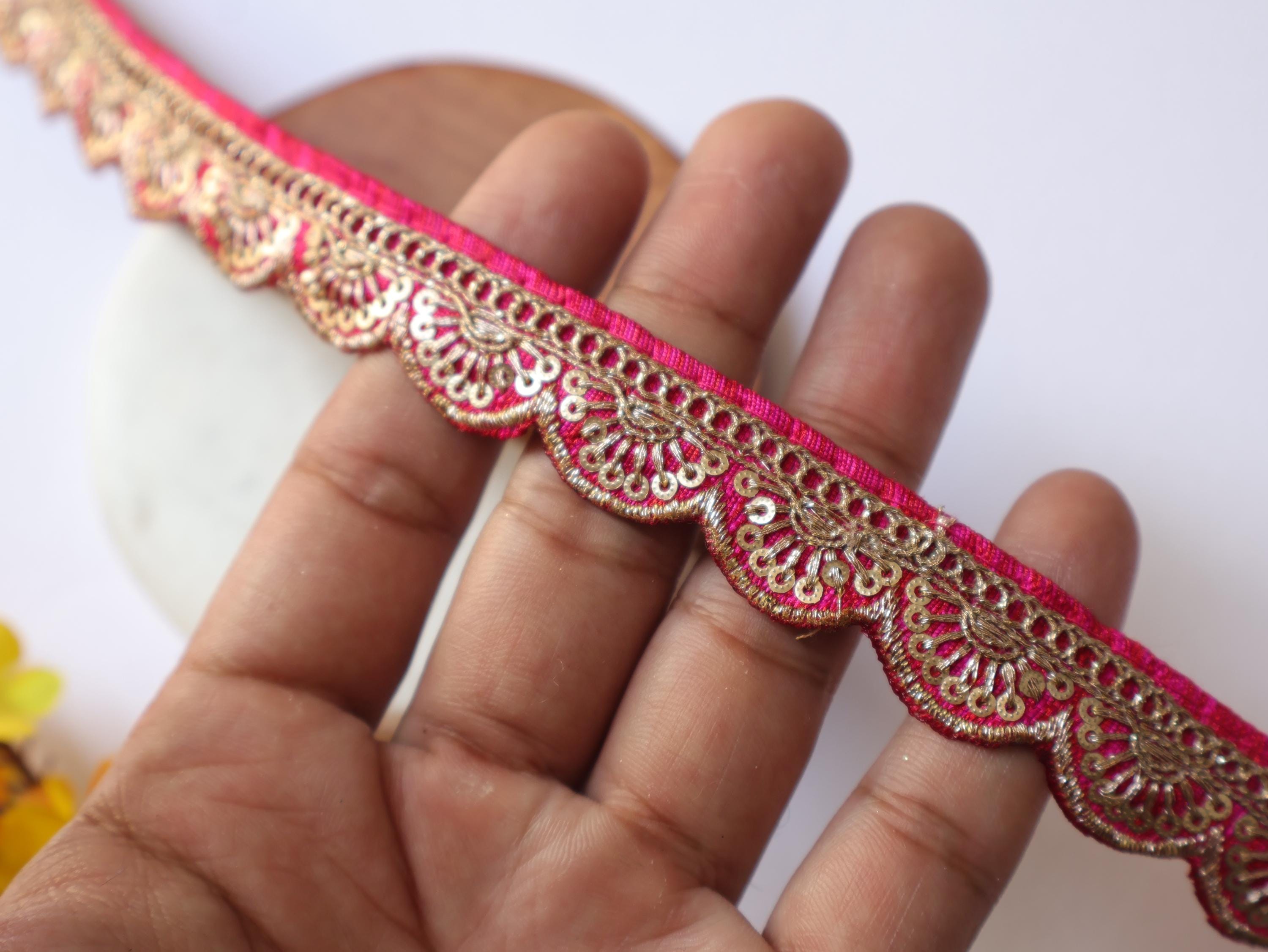 Hot Pink Narrow Scallop Zari Lace Trim - 9 Yards long