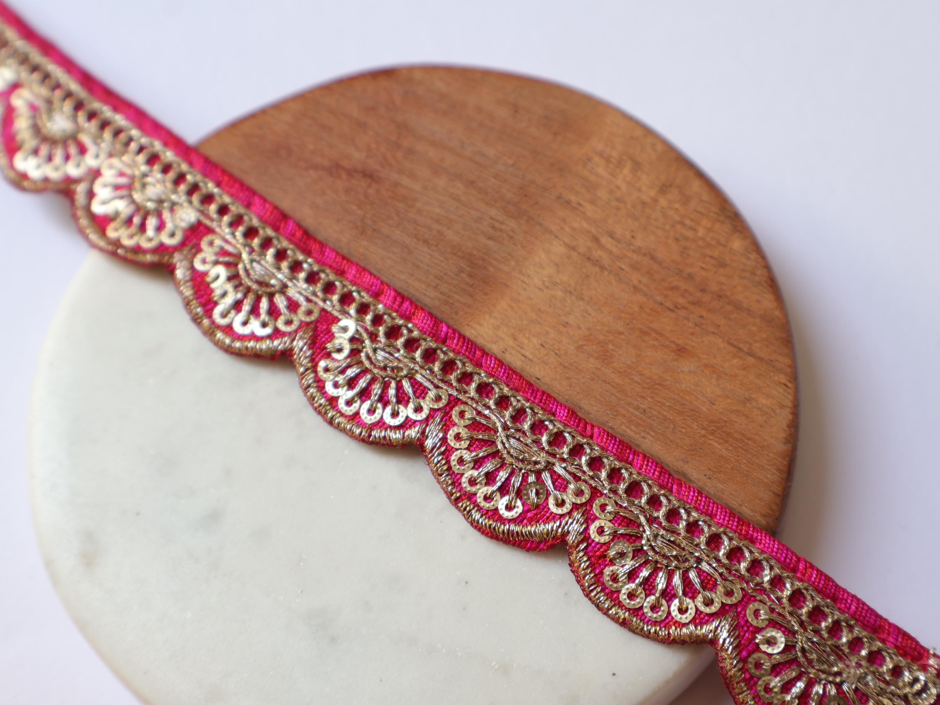 Hot Pink Narrow Scallop Zari Lace Trim - 9 Yards long