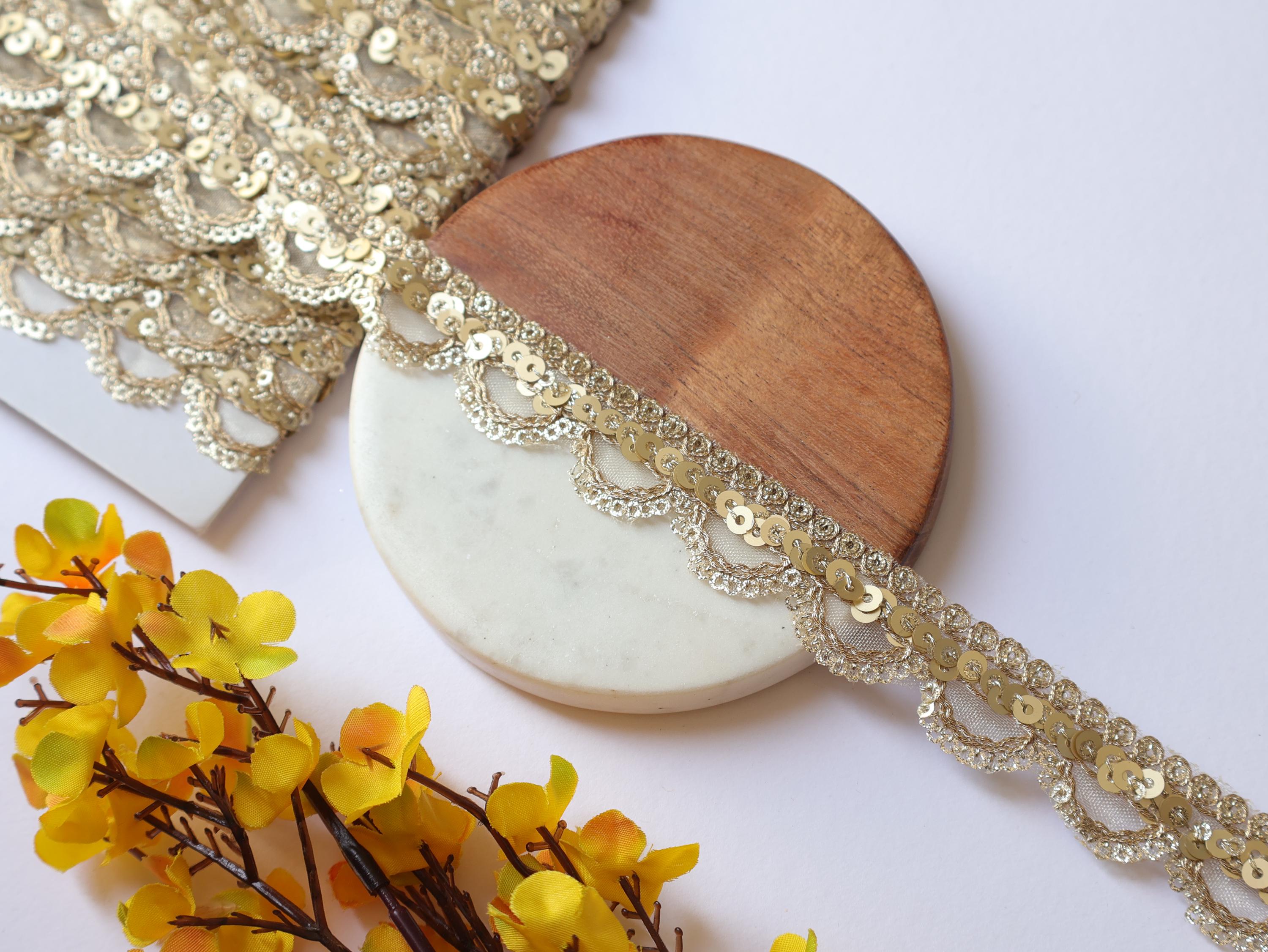Narrow Golden Scallop Zari Lace Trim: Indian Sequin Border