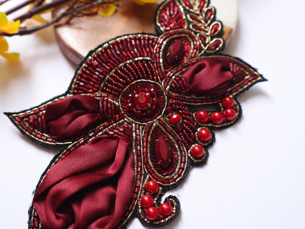 Dark Maroon Vintage Applique Patch: Hand Embroidered Beads Patch