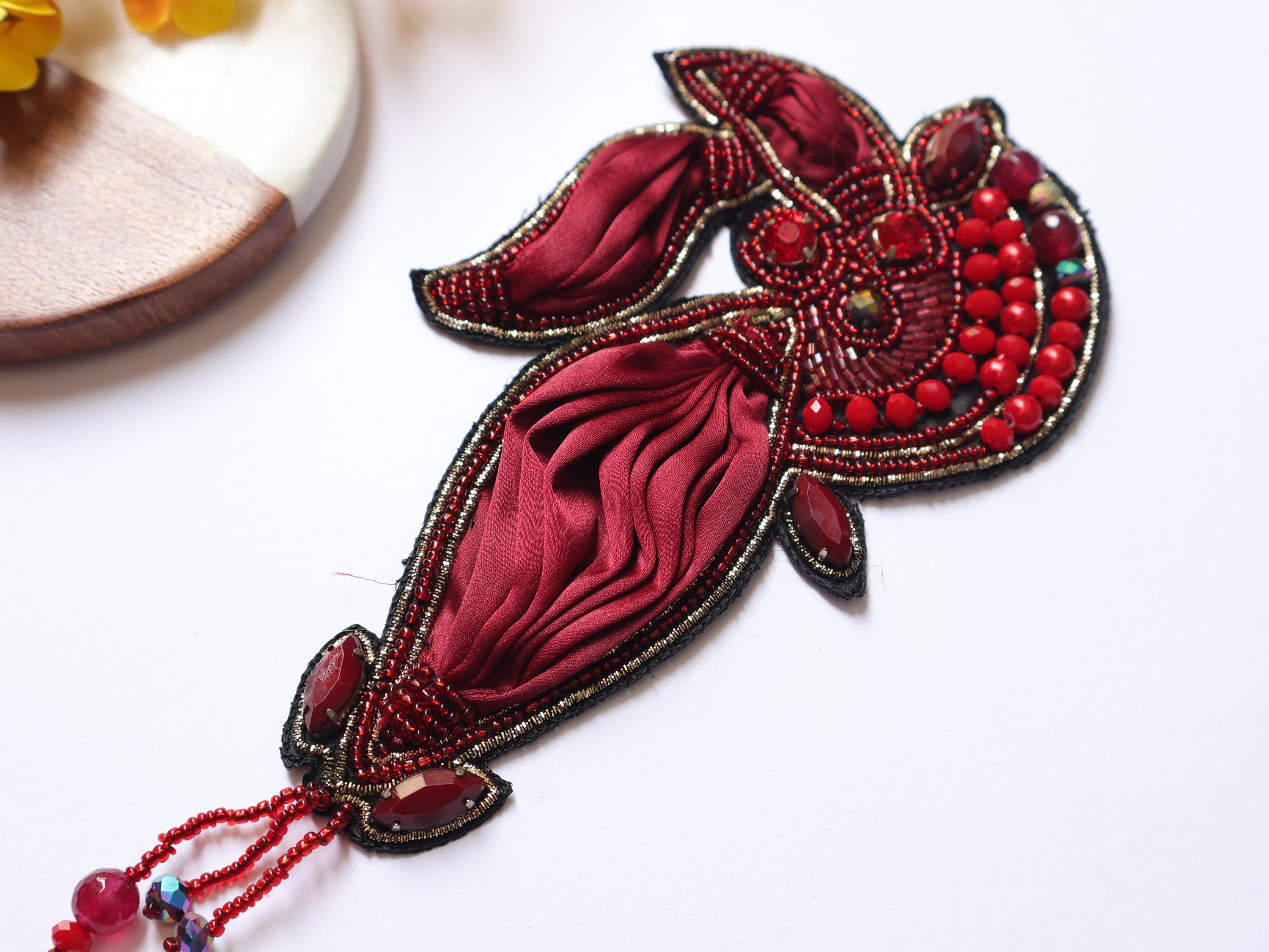 Dark Maroon Vintage Applique Patch: Hand Embroidered Beads Patch