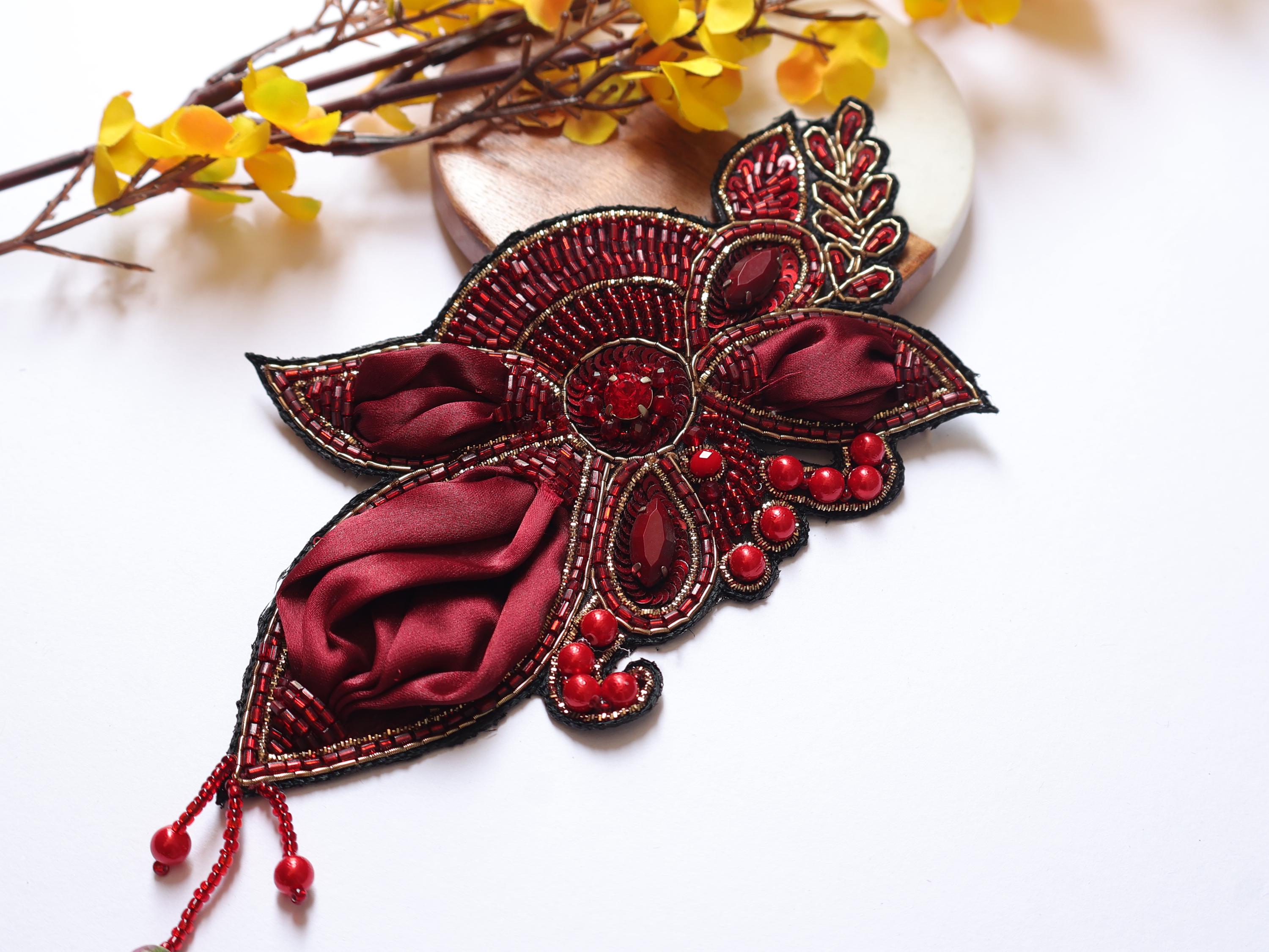 Dark Maroon Vintage Applique Patch: Hand Embroidered Beads Patch