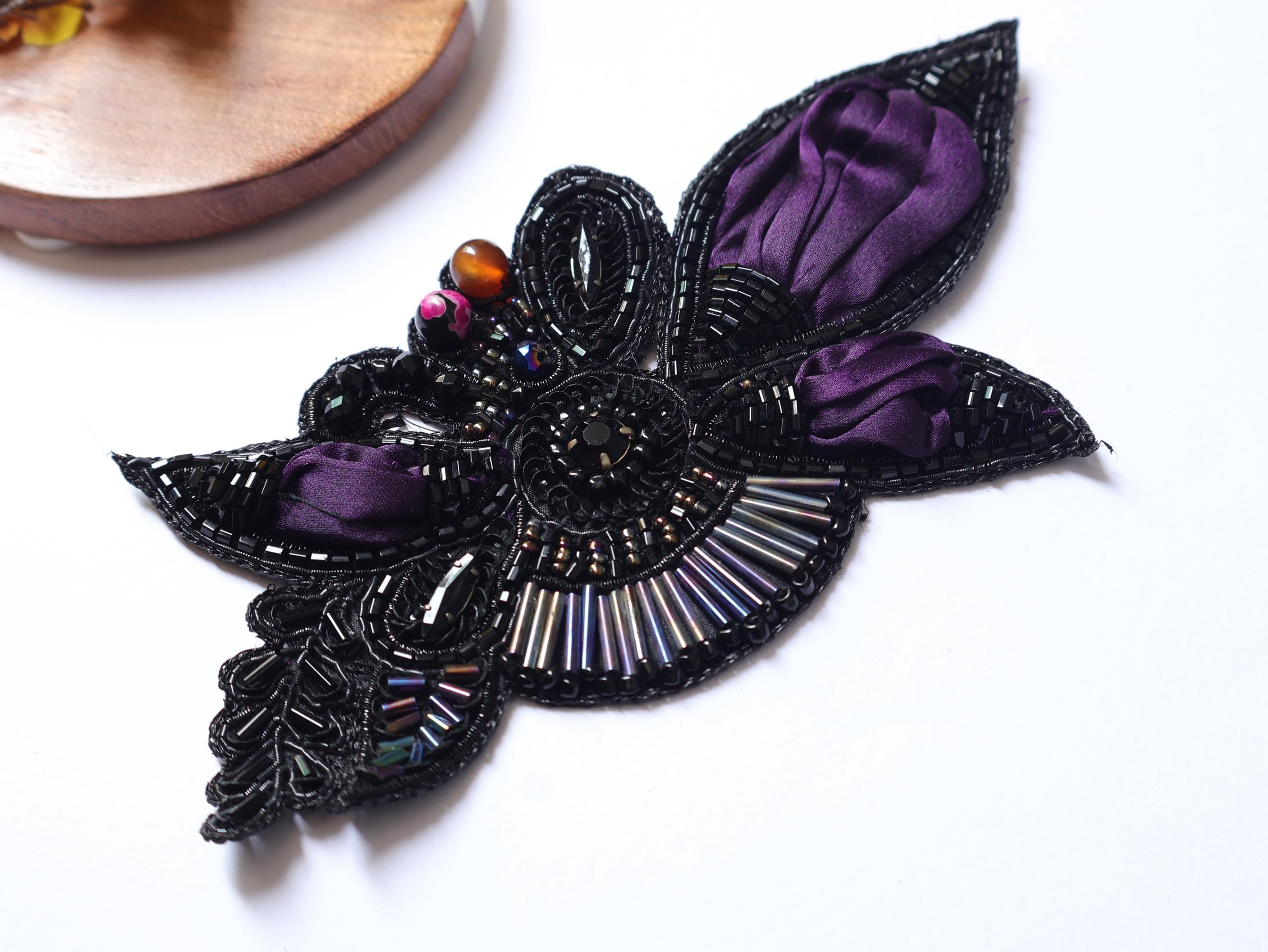 Wine Purple Vintage Applique Patch: Hand Embroidered Beads Patch