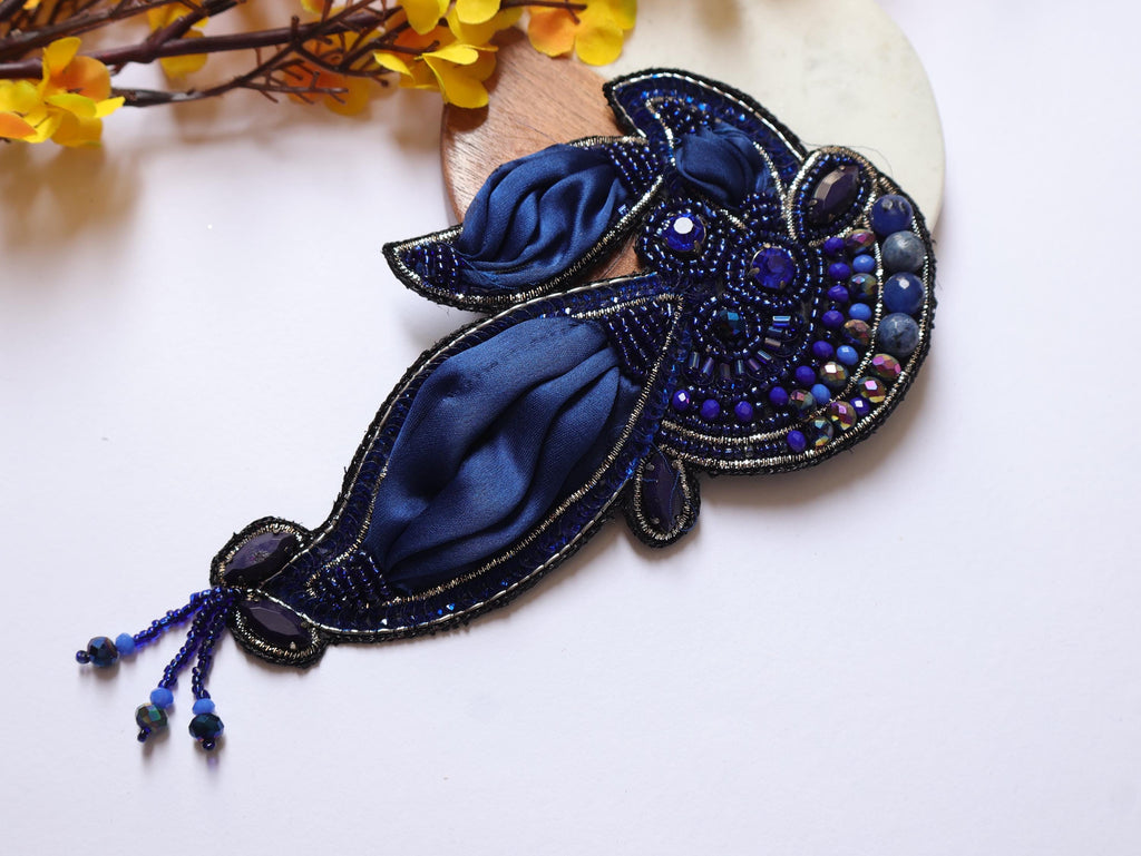 Navy Blue Vintage Applique Patch: Hand Embroidered Beads Patch