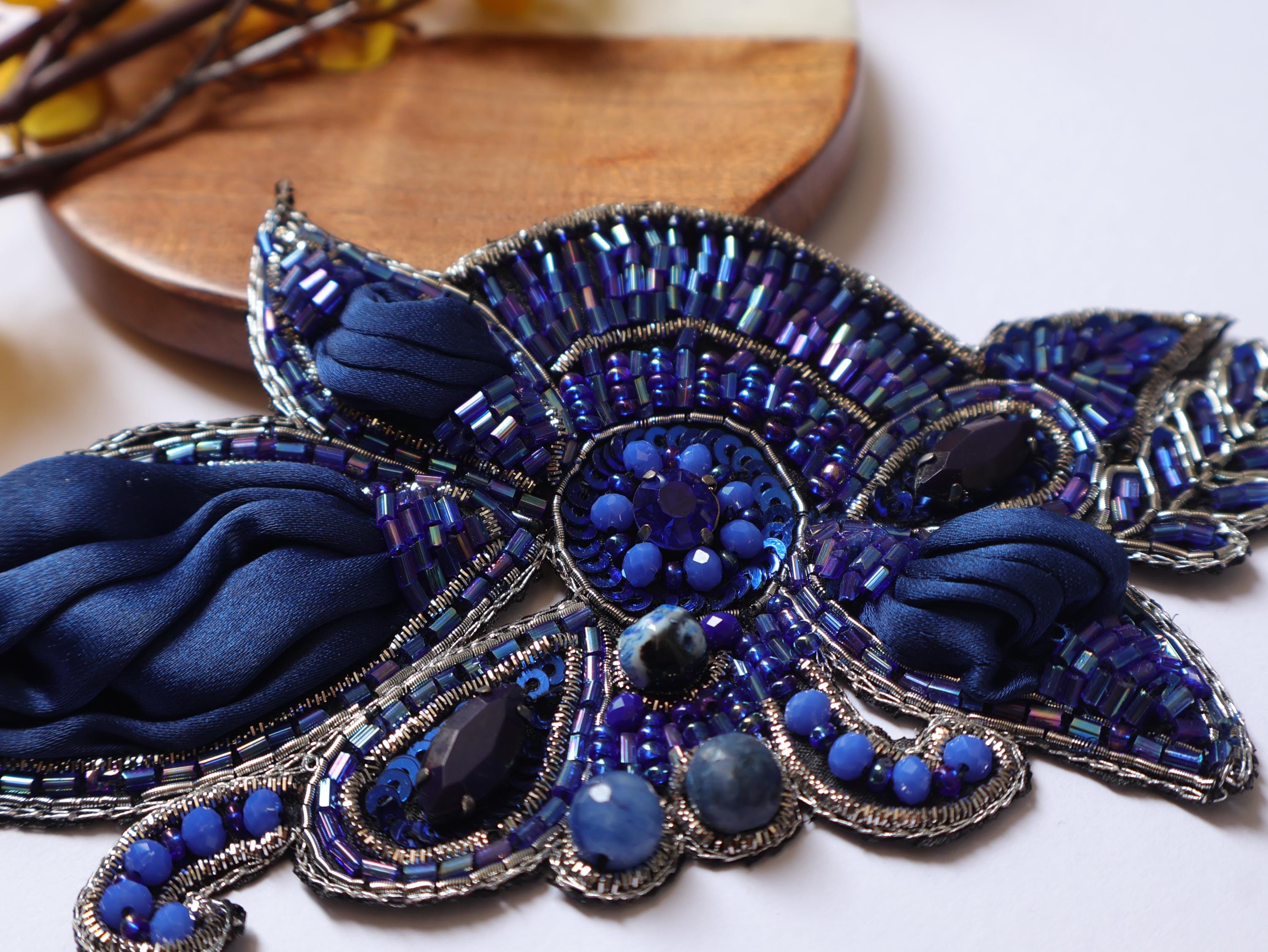 Navy Blue Vintage Applique Patch: Hand Embroidered Beads Patch