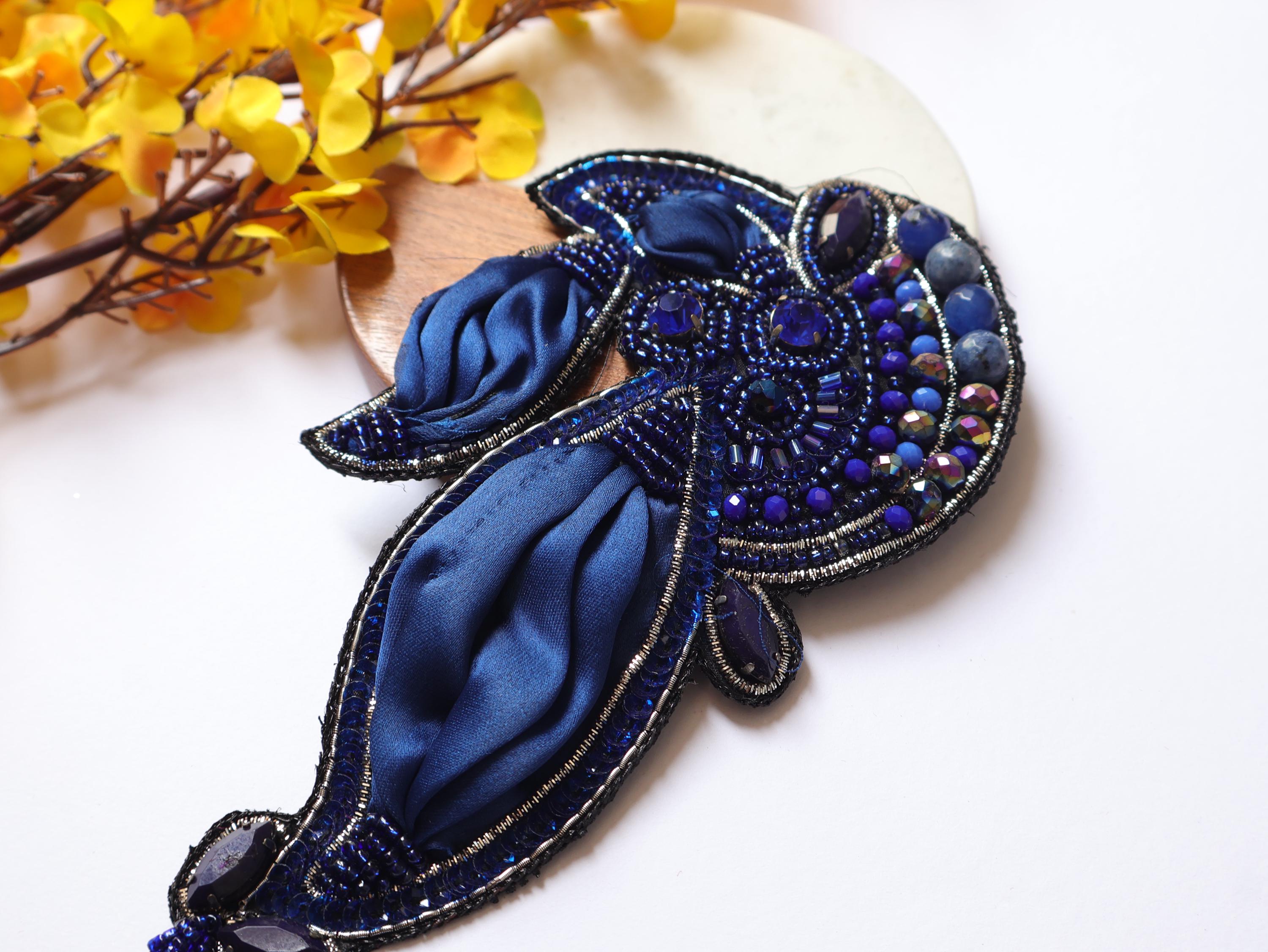 Navy Blue Vintage Applique Patch: Hand Embroidered Beads Patch