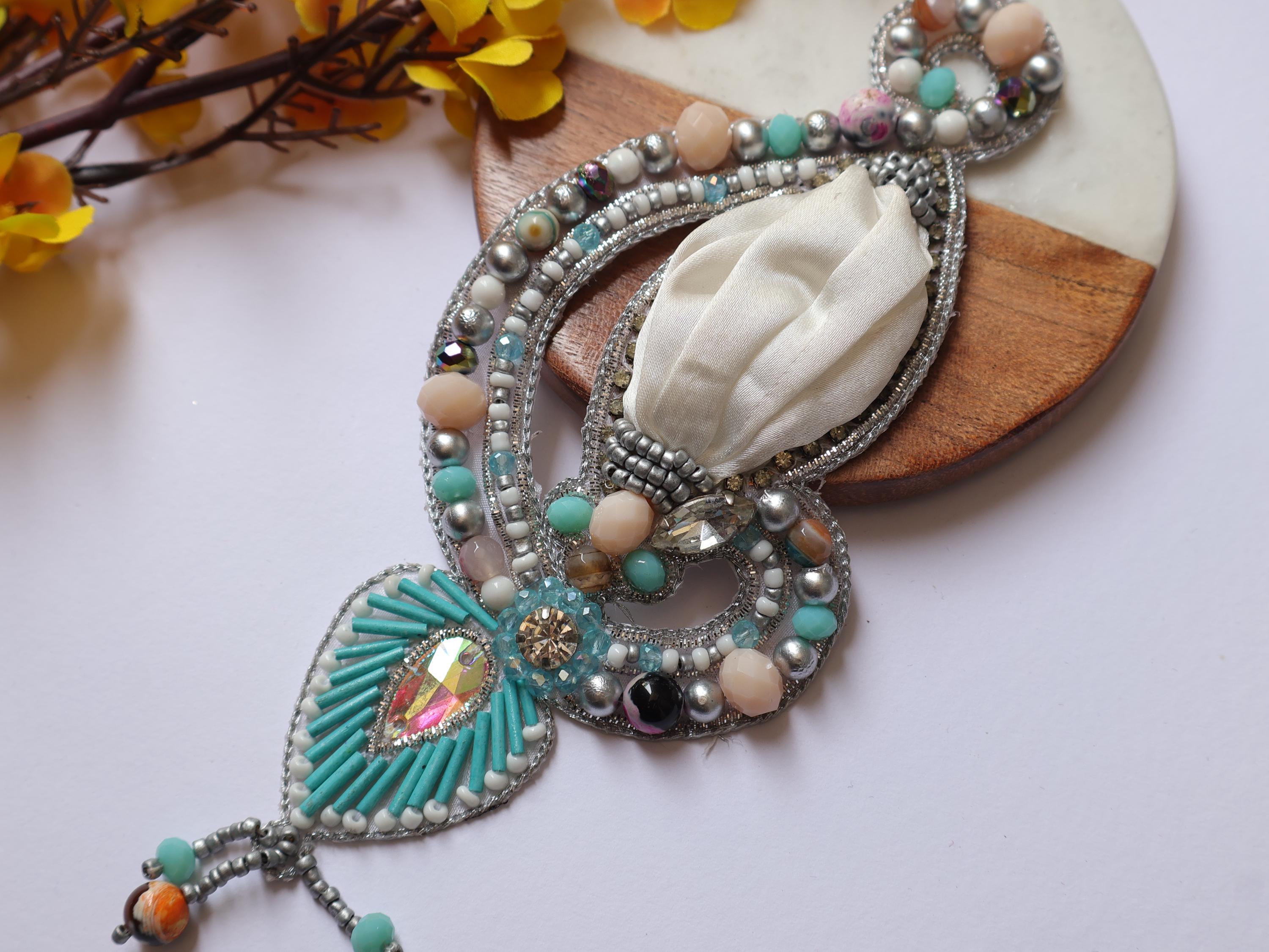 Coral Applique Patch: Handcrafted Beads & Pearls, Pastel White (18cm Long)