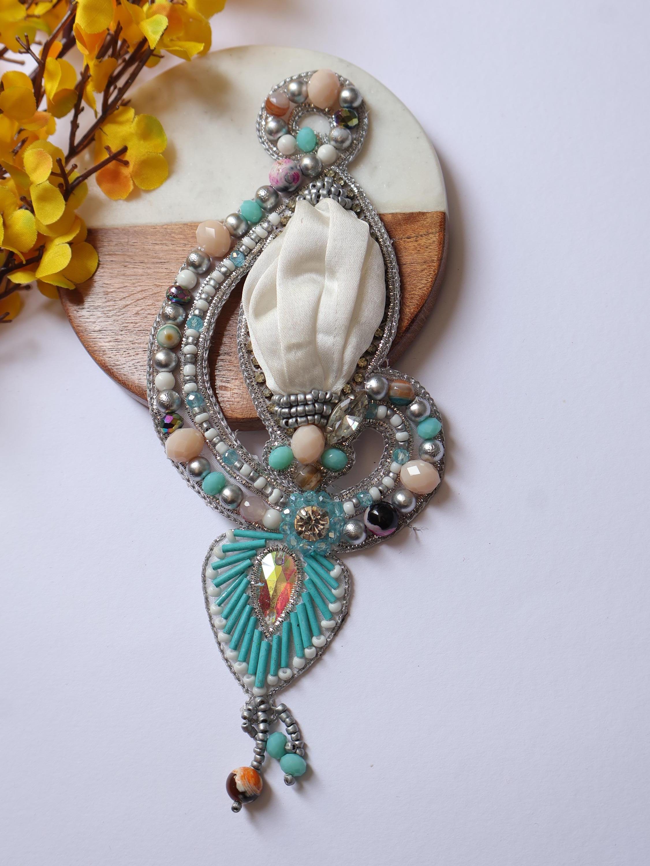 Coral Applique Patch: Handcrafted Beads & Pearls, Pastel White (18cm Long)