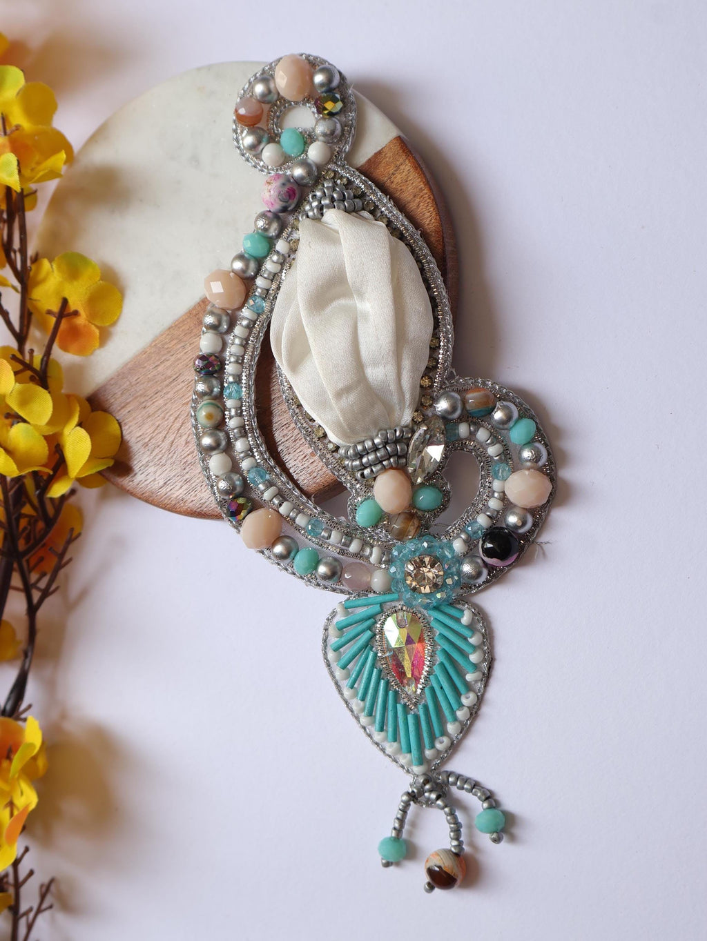 Coral Applique Patch: Handcrafted Beads & Pearls, Pastel White (18cm Long)