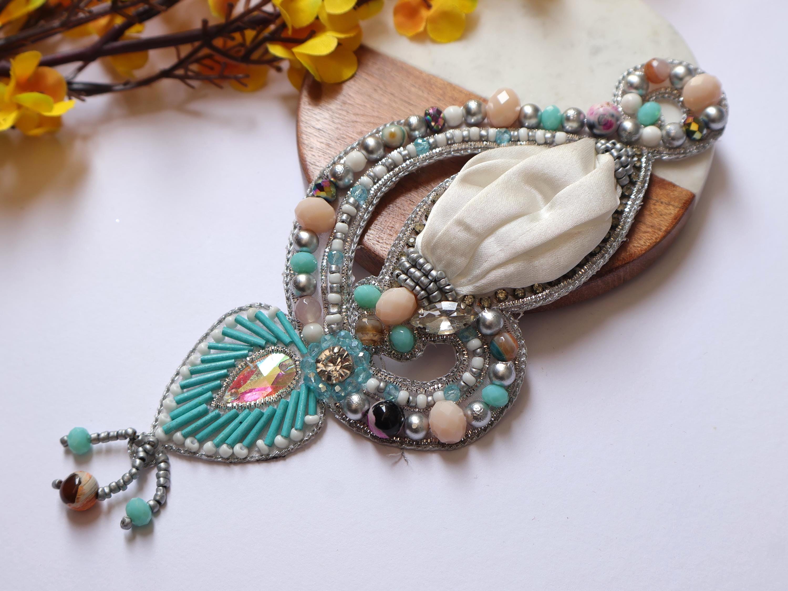 Coral Applique Patch: Handcrafted Beads & Pearls, Pastel White (18cm Long)