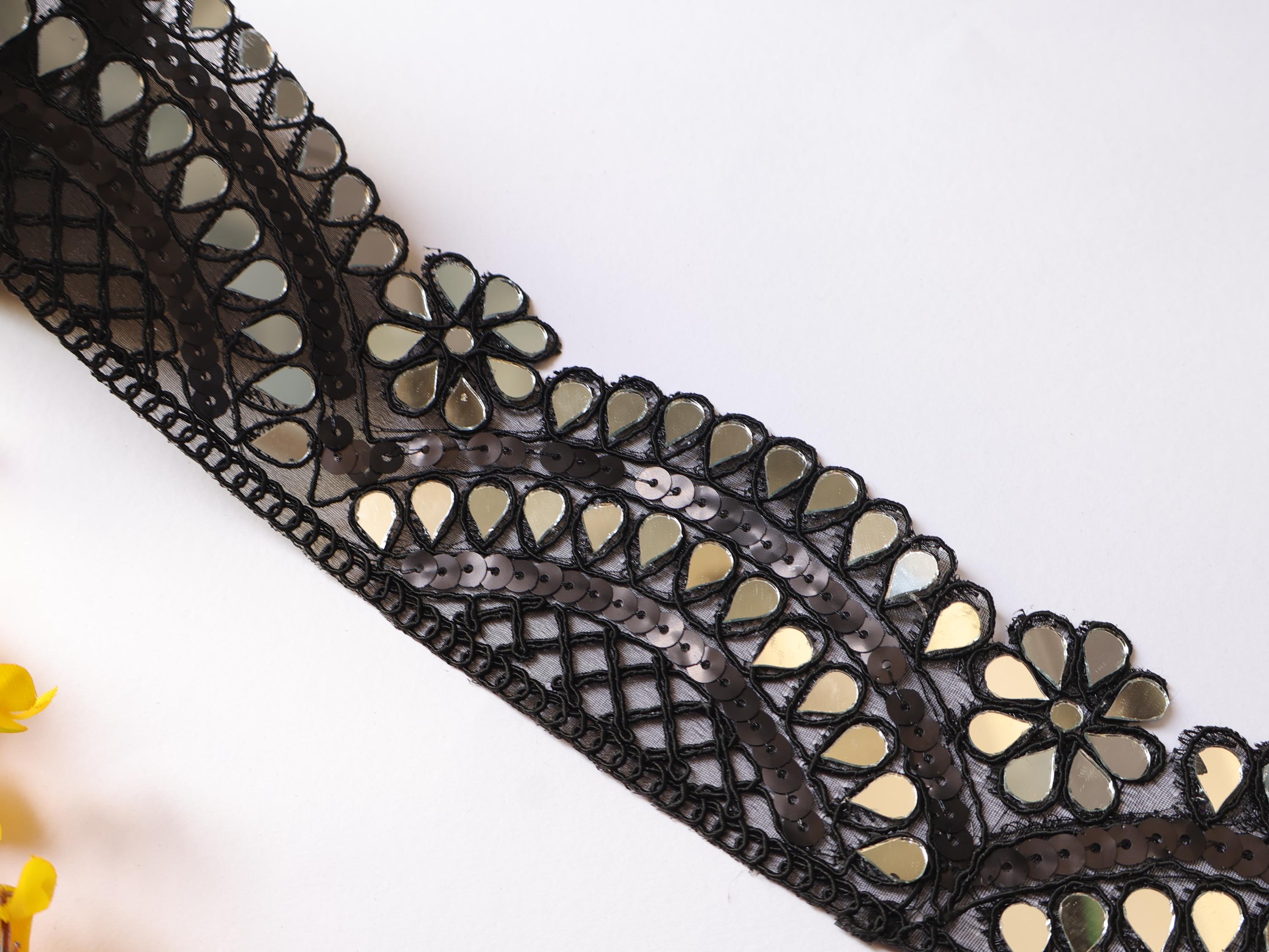 Black Sequin Mirror Border: Waist Belt Trim, 7cm Wide