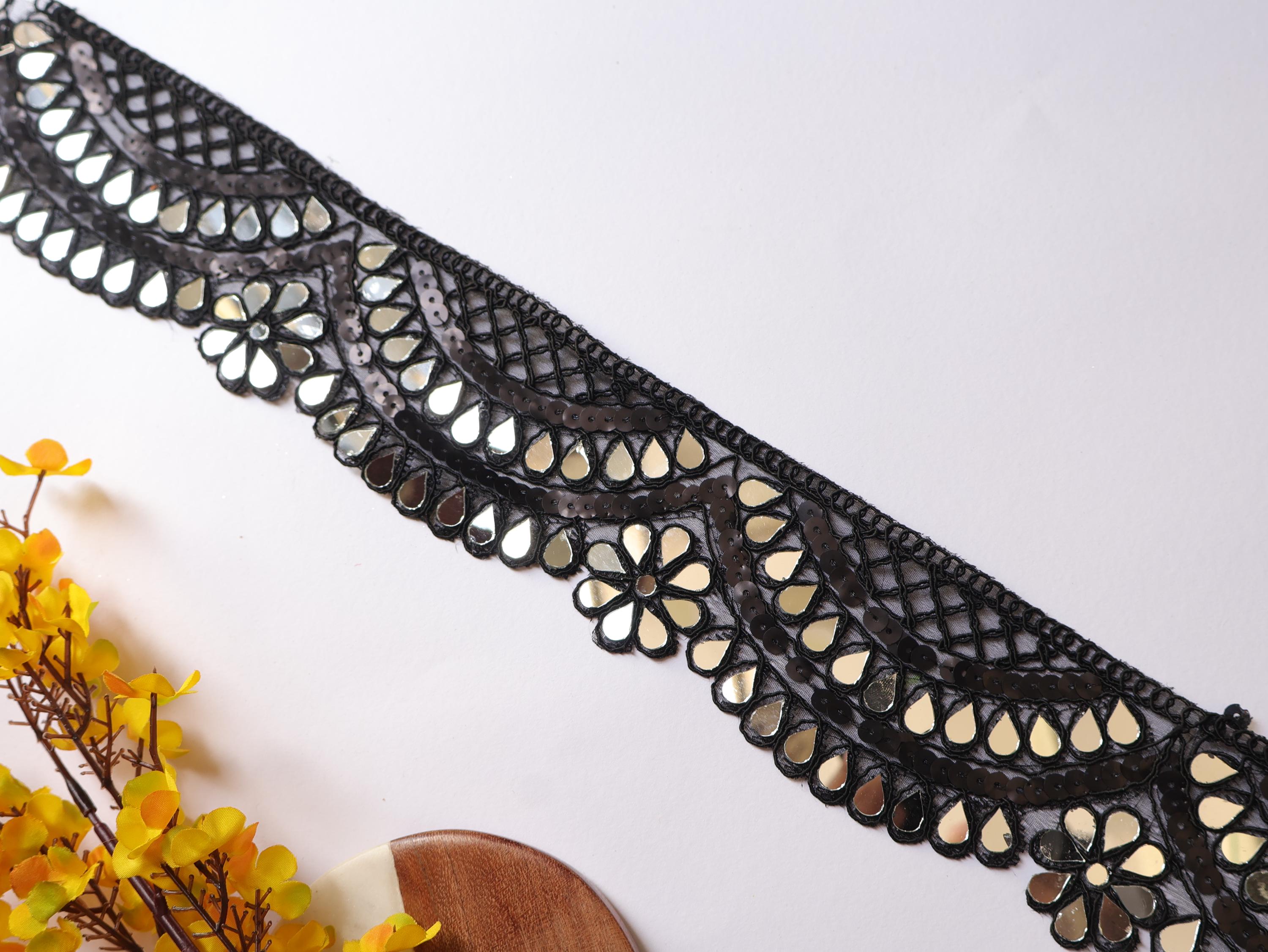 Black Sequin Mirror Border: Waist Belt Trim, 7cm Wide