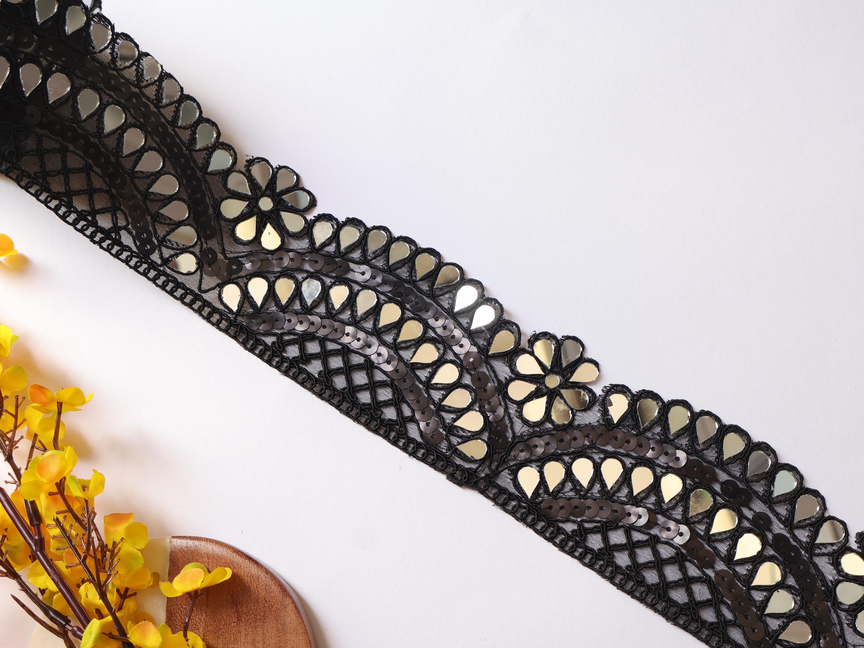 Black Sequin Mirror Border: Waist Belt Trim, 7cm Wide