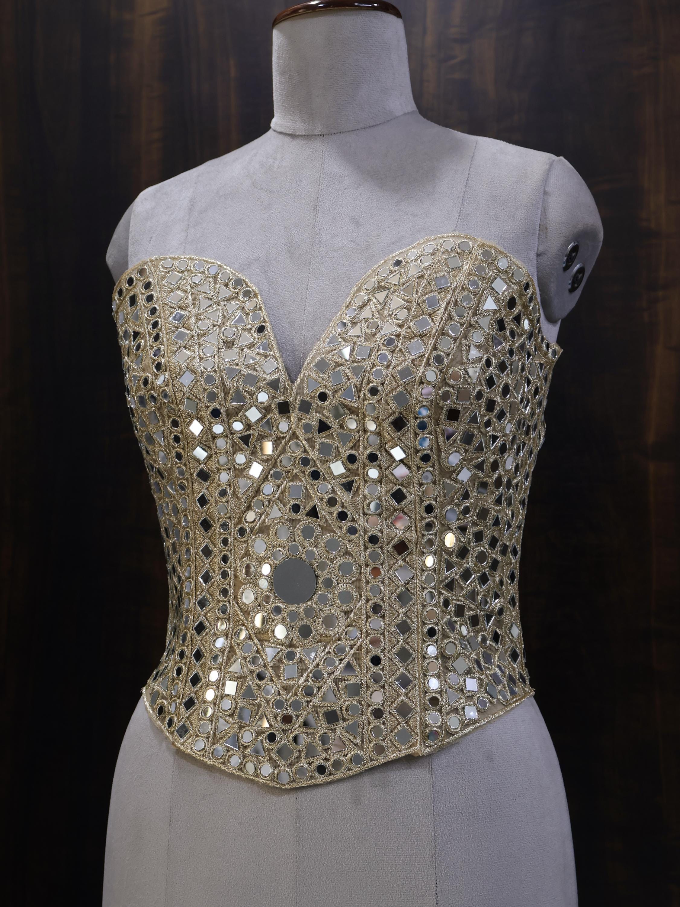 Luxury Gold Mirror Work Corset: Embellished Bustier for Party Wear