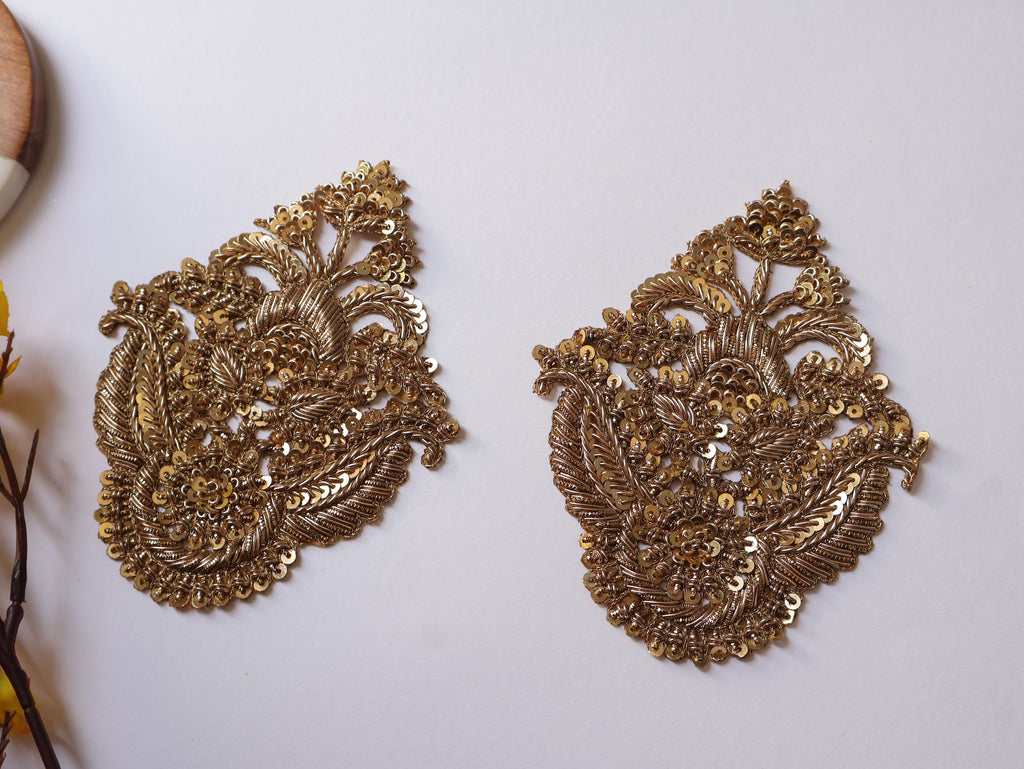 Antique/ Clear Zardozi Embroidered Applique Patch - 1 Pair