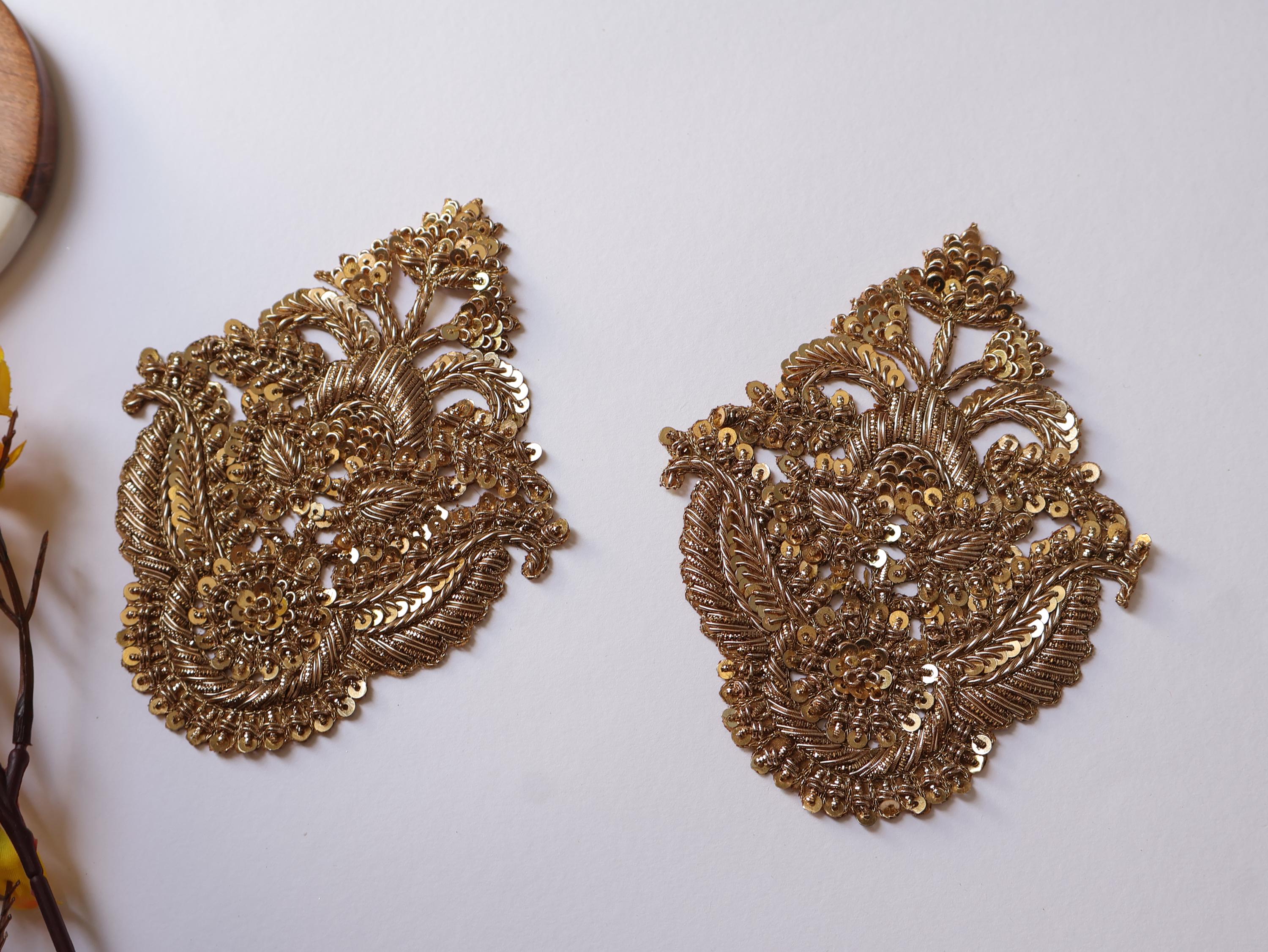 Antique/ Clear Zardozi Embroidered Applique Patch - 1 Pair