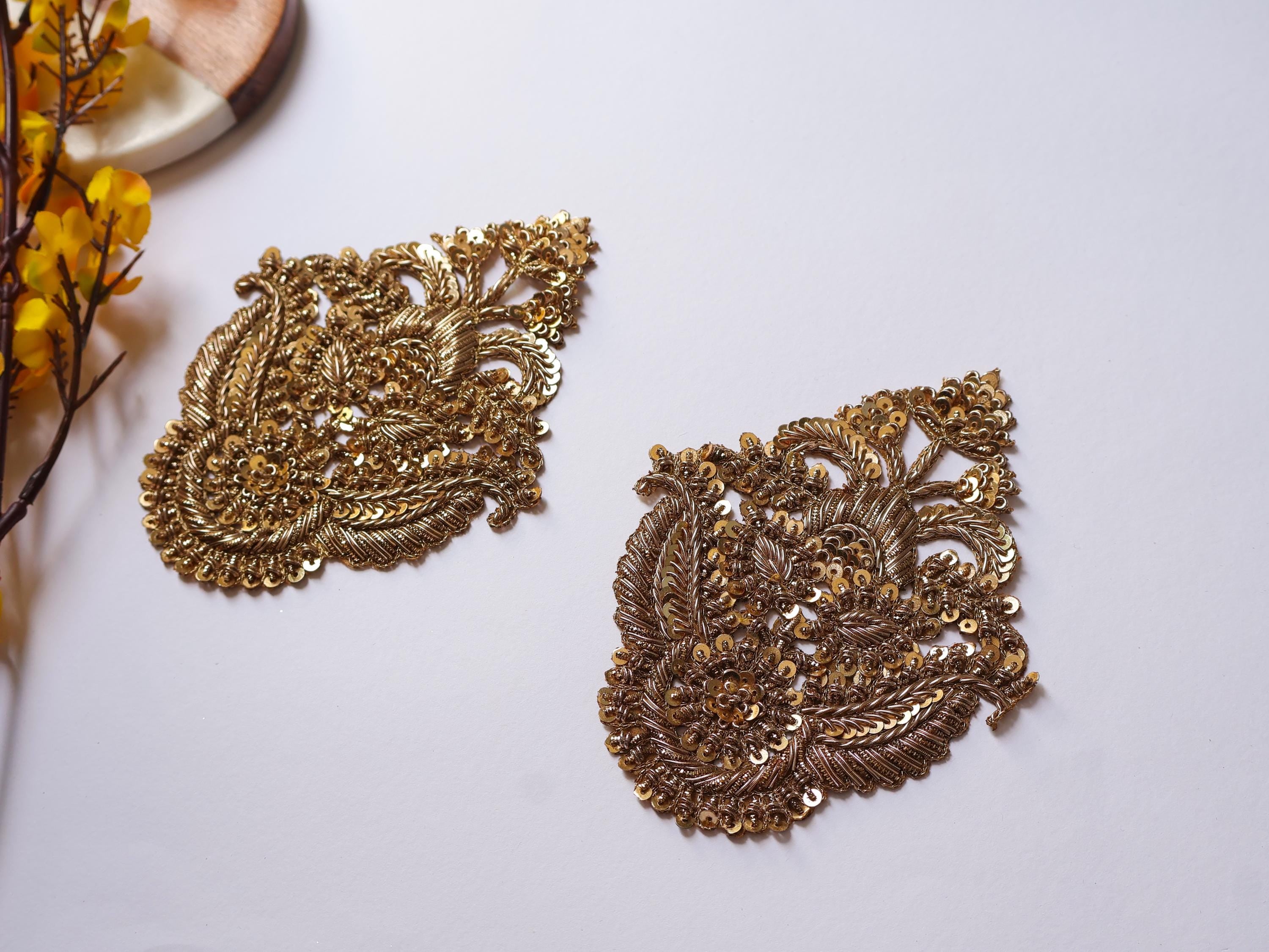 Antique/ Clear Zardozi Embroidered Applique Patch - 1 Pair