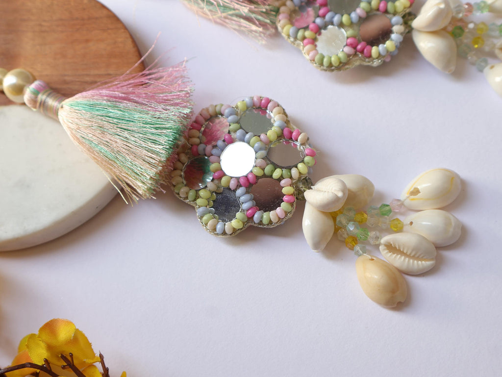 Pastel Fringe Shell & Beaded Indian Tassels: Mirror Sari Latkan - 1Pair