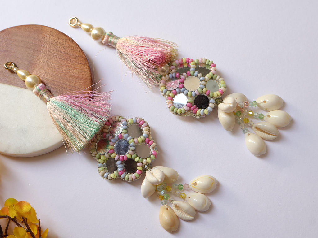 Pastel Fringe Shell & Beaded Indian Tassels: Mirror Sari Latkan - 1Pair