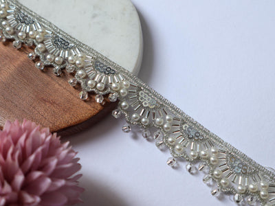 Silver Pearl & Beads Narrow Scallop Trim: Embroidered Sari Lace Border