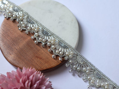 Silver Pearl & Beads Narrow Scallop Trim: Embroidered Sari Lace Border