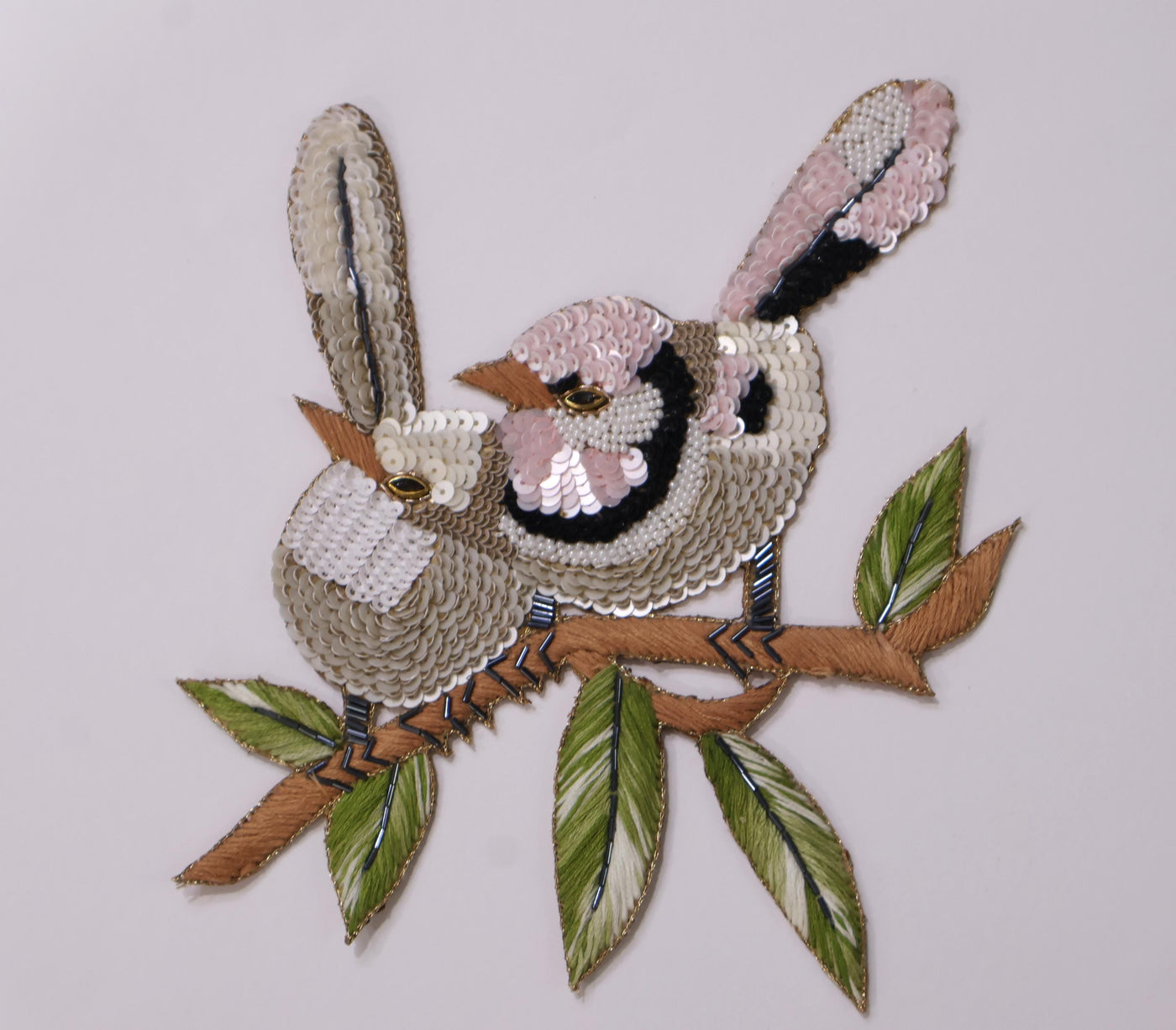 Sparrow Sequin Applique Patch: Hand Embroidered Birds