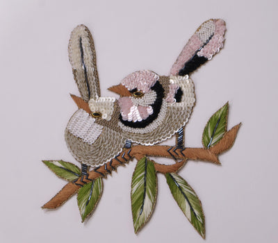 Sparrow Sequin Applique Patch: Hand Embroidered Birds