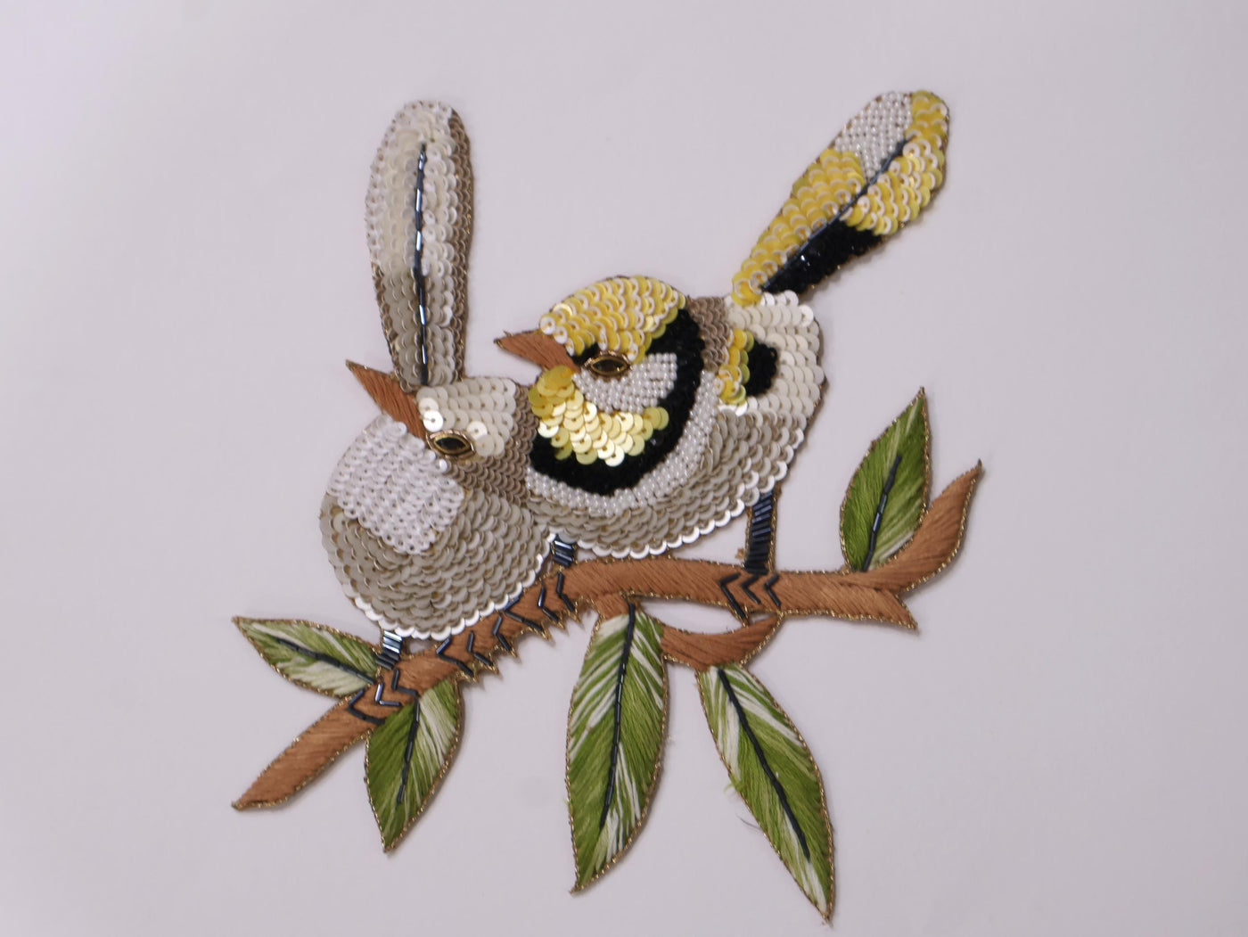 Sparrow Sequin Applique Patch: Hand Embroidered Birds