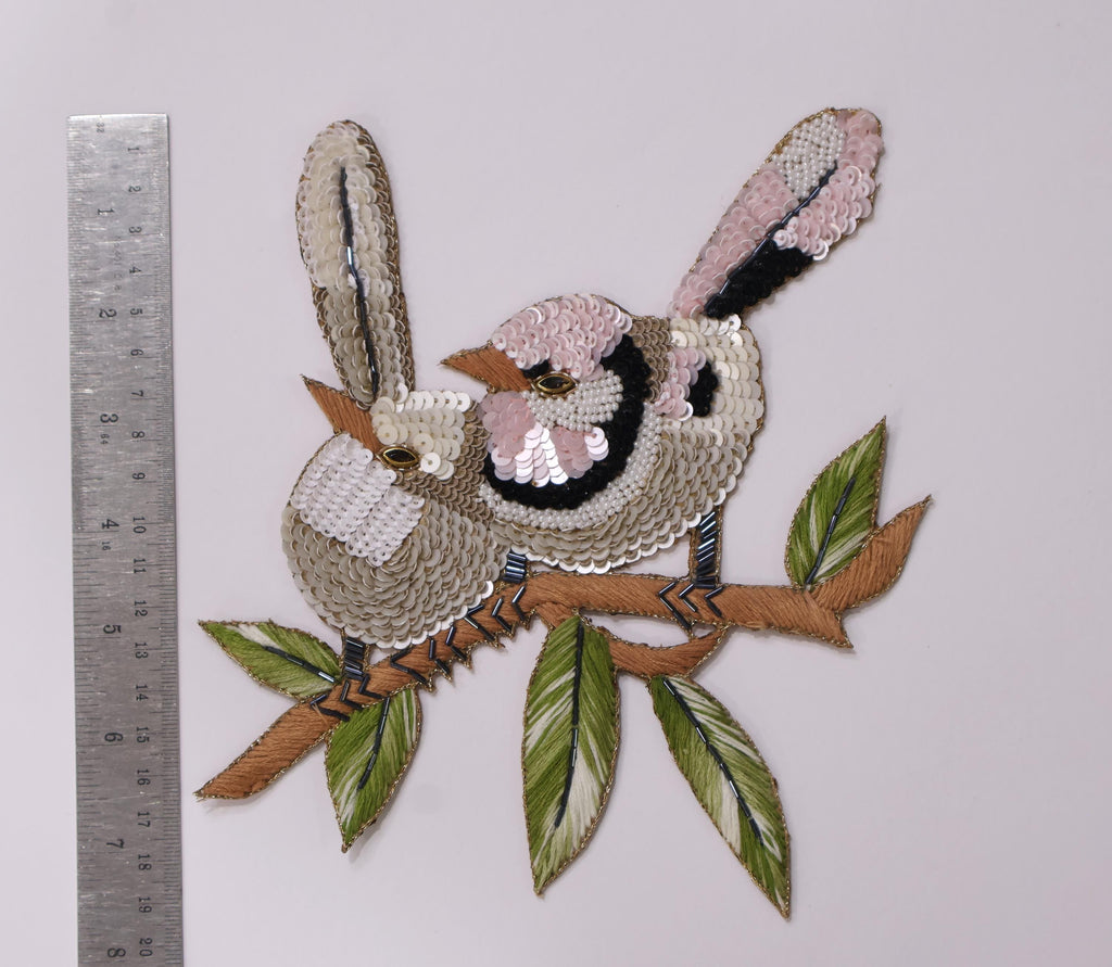 Sparrow Sequin Applique Patch: Hand Embroidered Birds