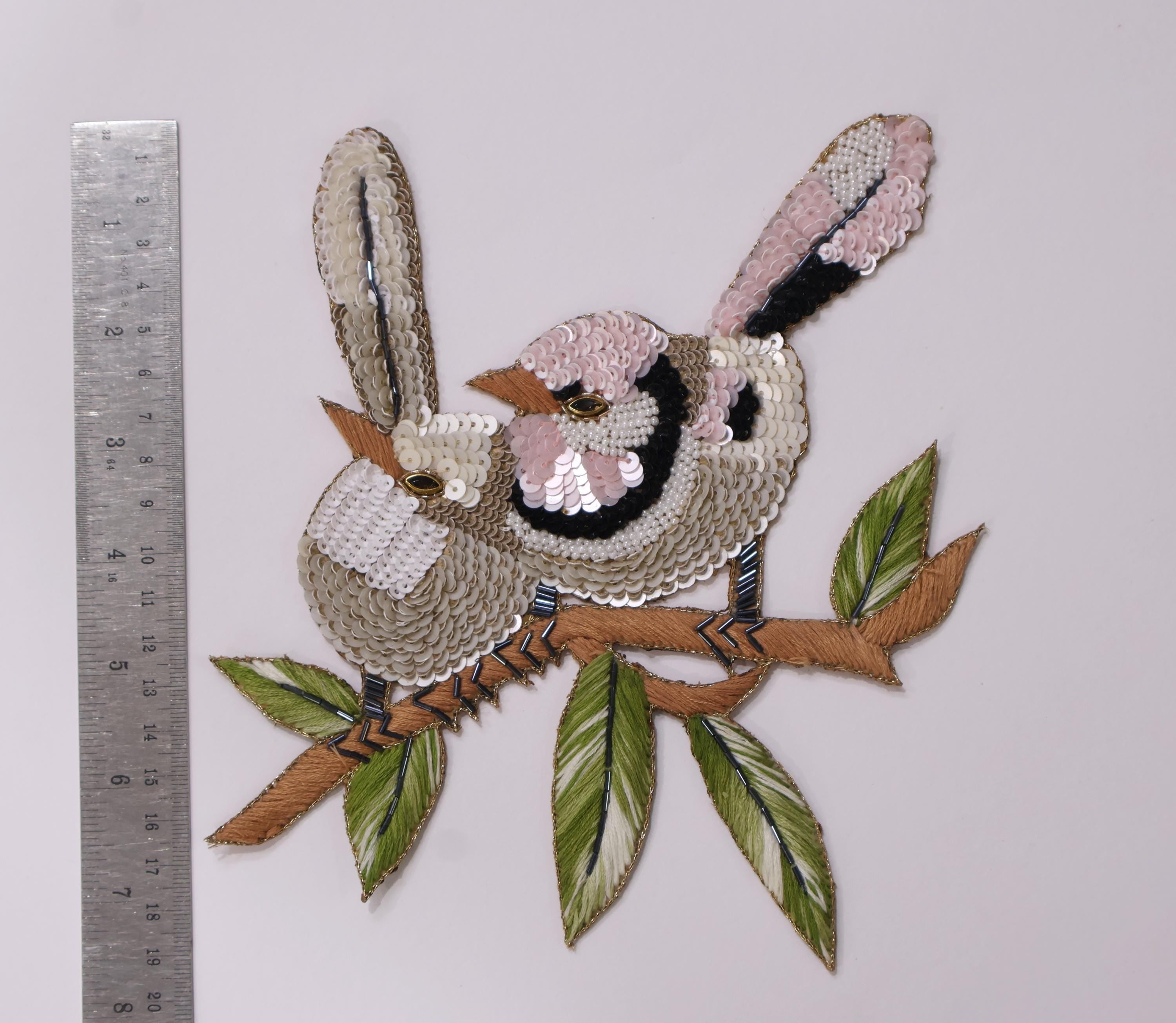 Sparrow Sequin Applique Patch: Hand Embroidered Birds