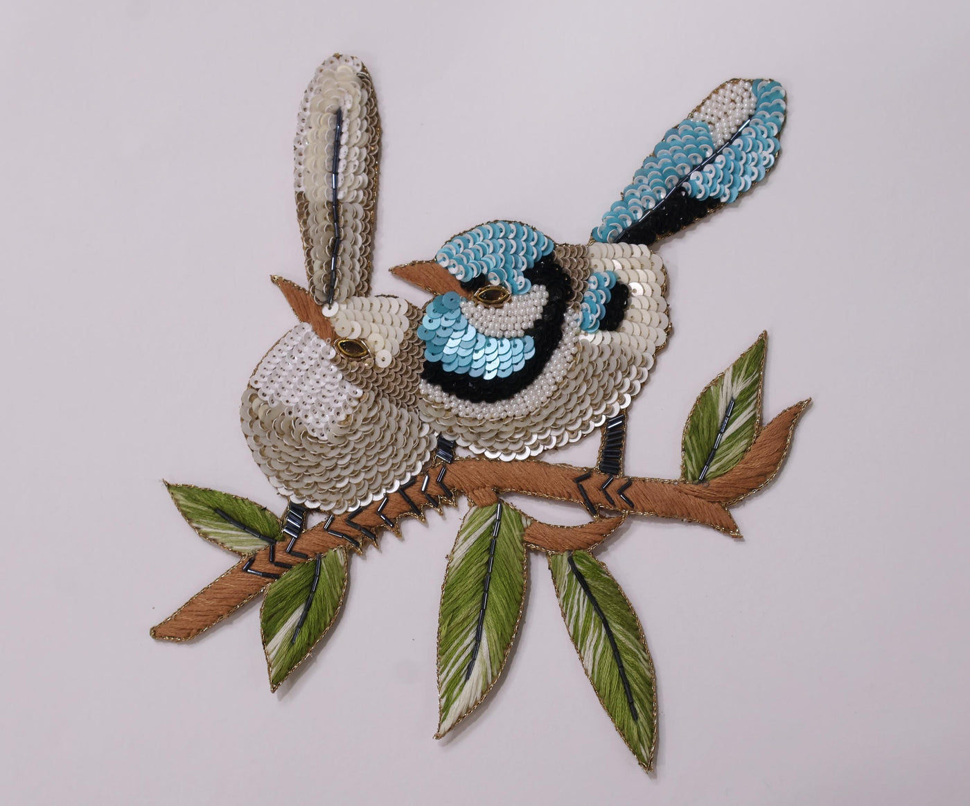 Sparrow Sequin Applique Patch: Hand Embroidered Birds