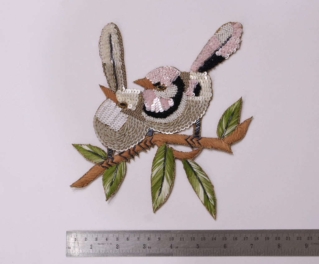 Sparrow Sequin Applique Patch: Hand Embroidered Birds