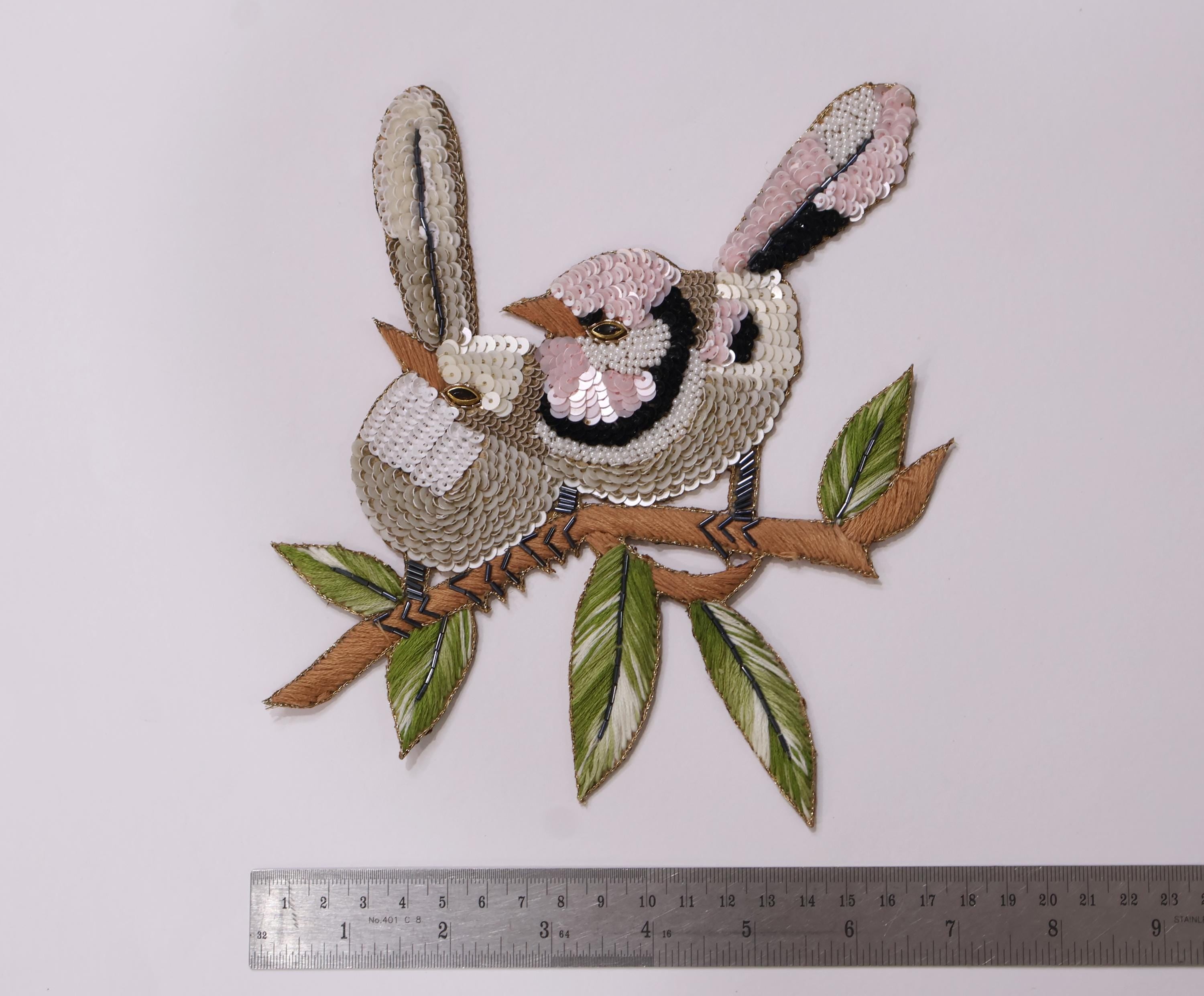 Sparrow Sequin Applique Patch: Hand Embroidered Birds