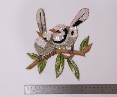 Sparrow Sequin Applique Patch: Hand Embroidered Birds