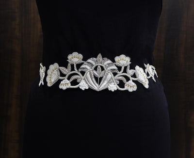 Hand Embroidered Floral Waist Belt: Vintage Style Off White Belt